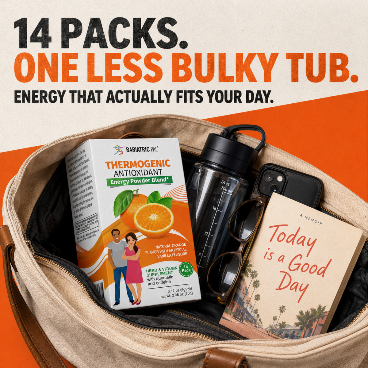 BariatricPal Thermogenic Antioxidant Energy Powder Blend in natural orange flavor with quercetin and caffeine. Contains 14 single-serving packets.