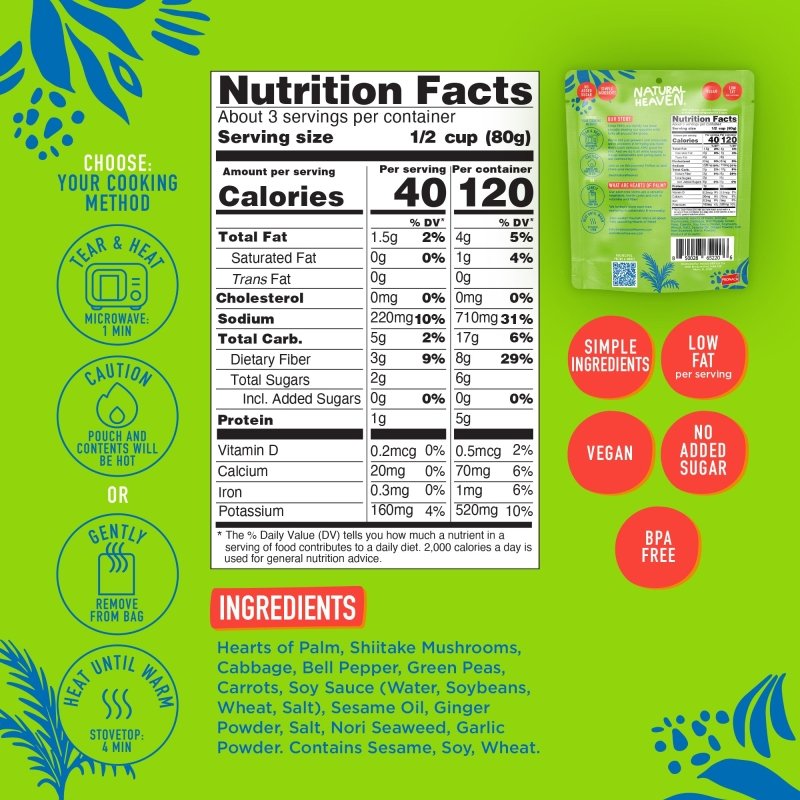A colorful nutrition label displays serving information, calories, and ingredients for a product made from hearts of palm, shiitake mushrooms, and various vegetables, emphasizing its vegan and low-fat qualities.
