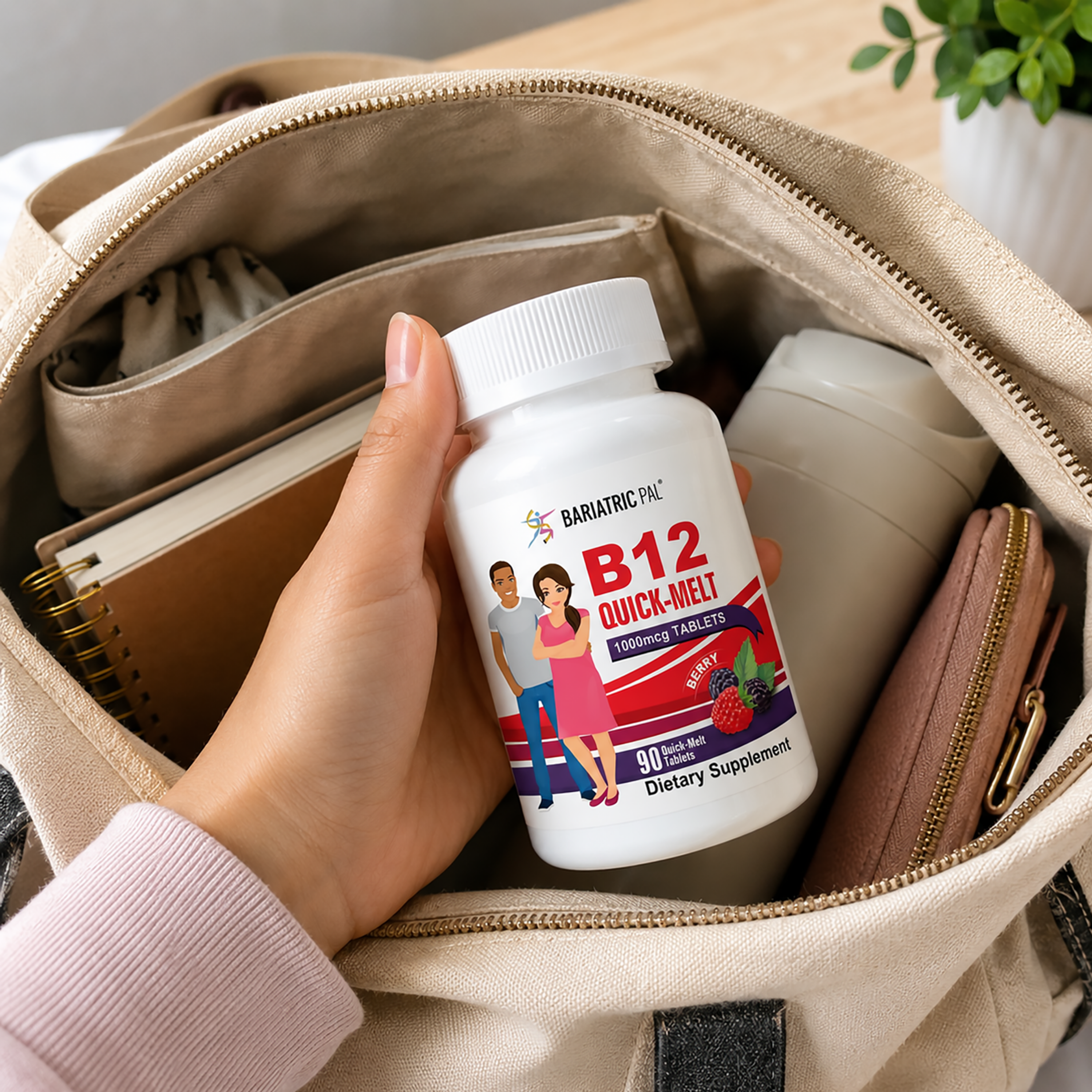 BariatricPal B12 Quick-Melt 1,000 mcg berry-flavored tablets for daily energy and immune support. Take one quick-melt tablet daily; 90-count bottle.