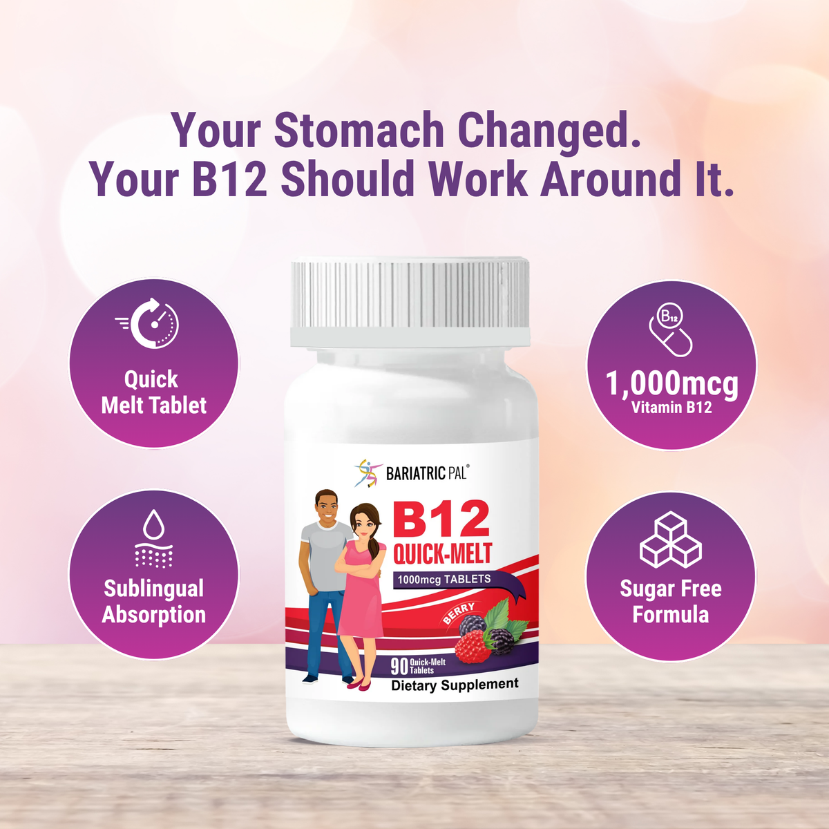 BariatricPal B12 Quick-Melt 1,000 mcg berry-flavored tablets for daily energy and immune support. Take one quick-melt tablet daily; 90-count bottle.