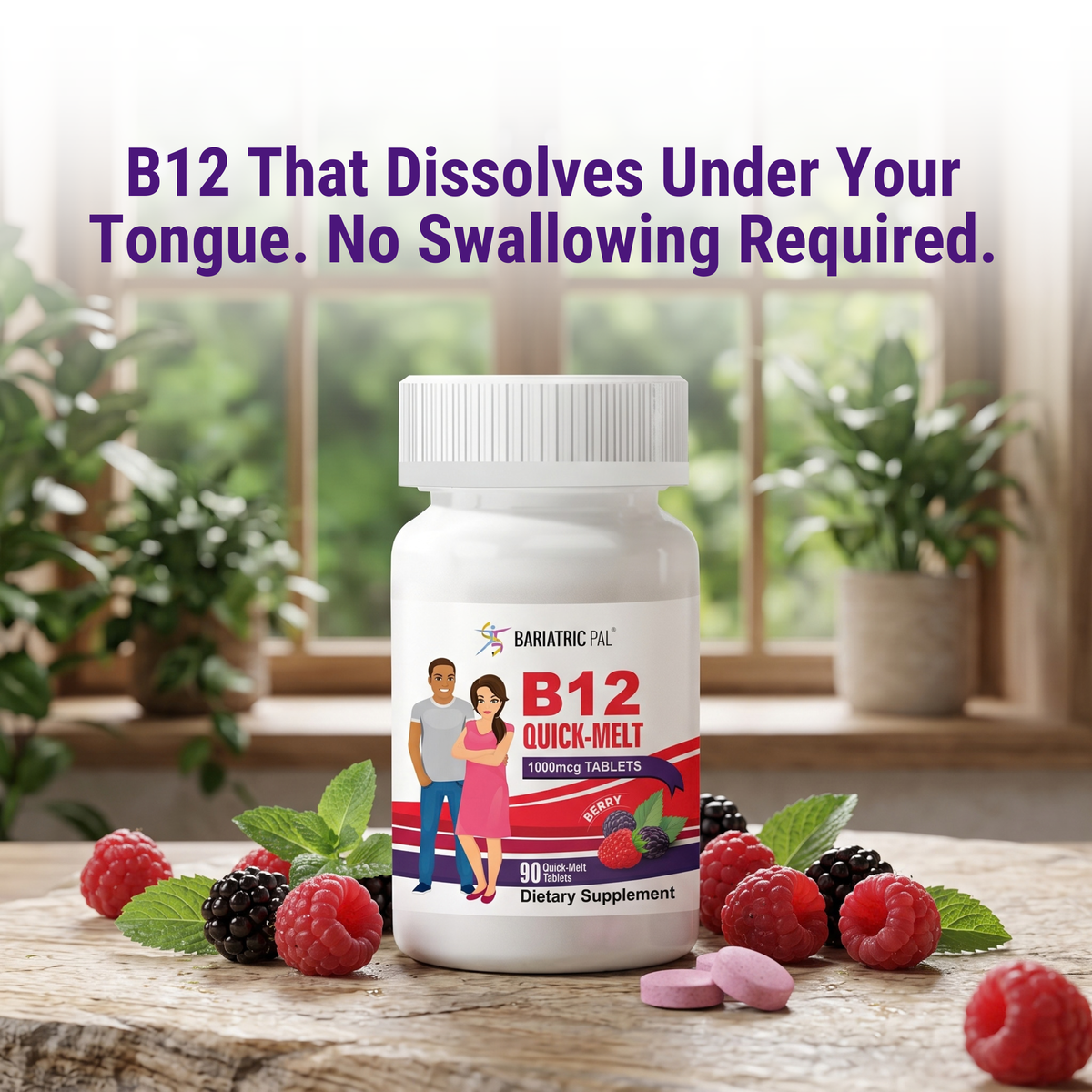 BariatricPal B12 Quick-Melt 1,000 mcg berry-flavored tablets for daily energy and immune support. Take one quick-melt tablet daily; 90-count bottle.