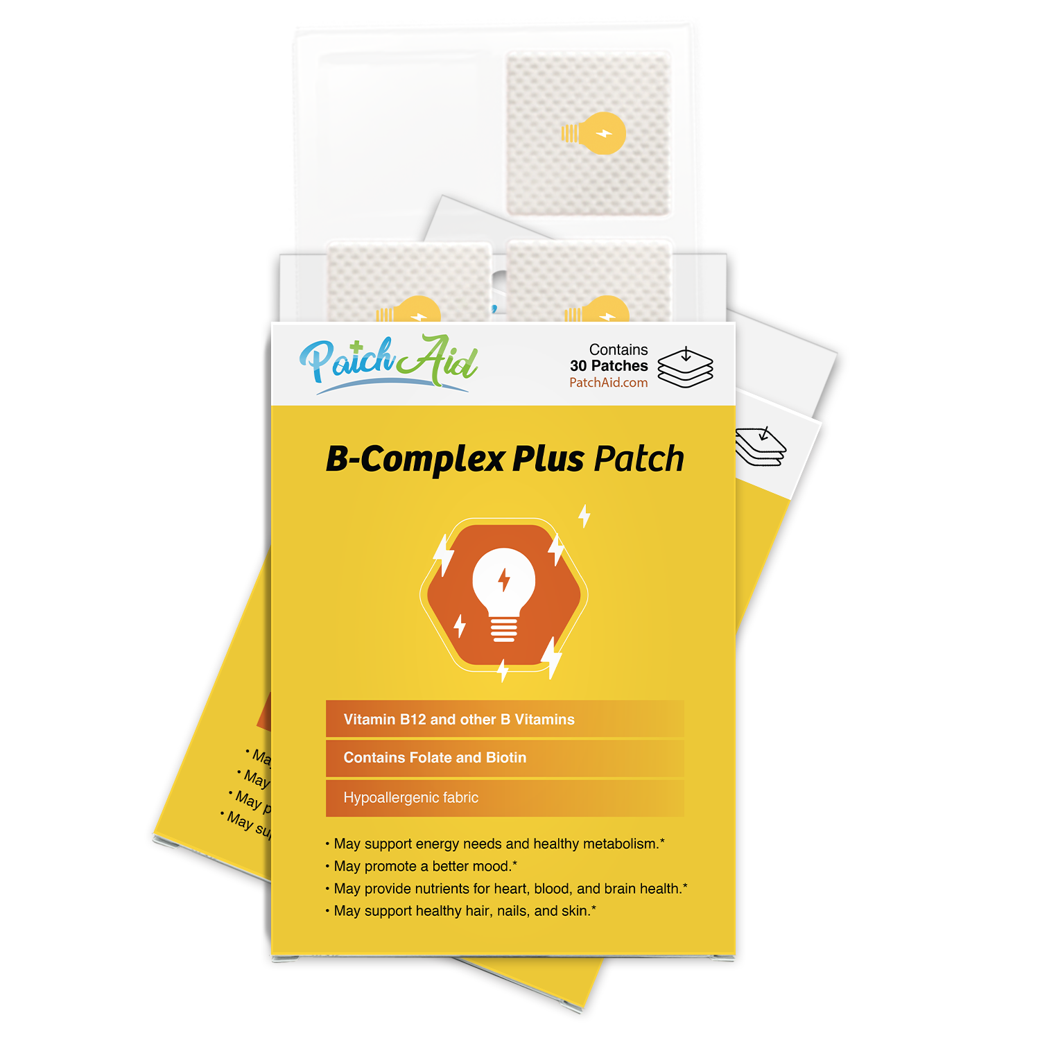 A colorful packaging for PatchAid's B-Complex Plus patches displays a light bulb icon, highlighting benefits like energy support and containing B vitamins, with a note on hypoallergenic fabric.