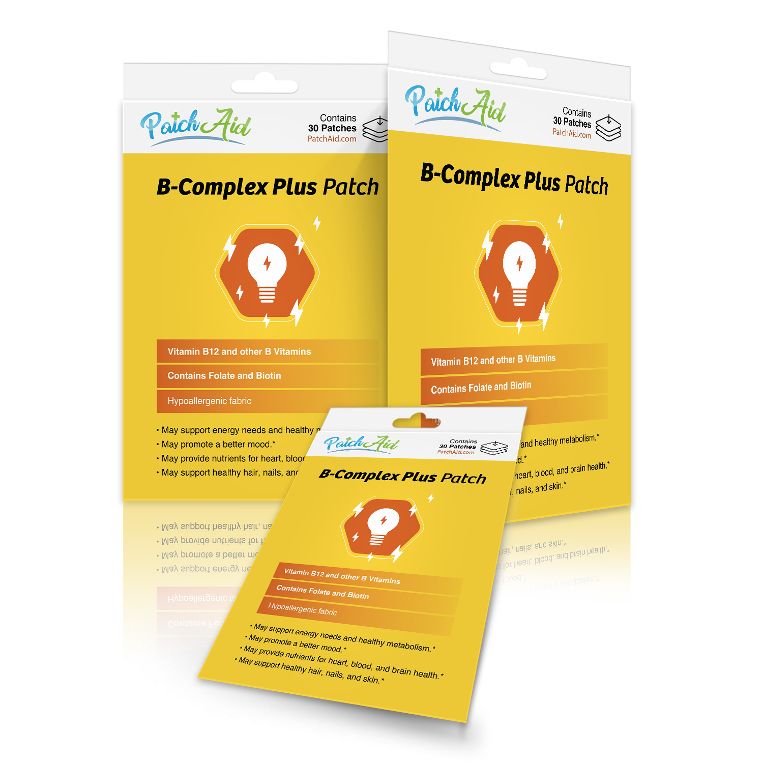Three packages of B-Complex Plus Patch are displayed, featuring a bright yellow background with text highlighting benefits, including vitamins B12, folate, and biotin, designed for energy and health support.