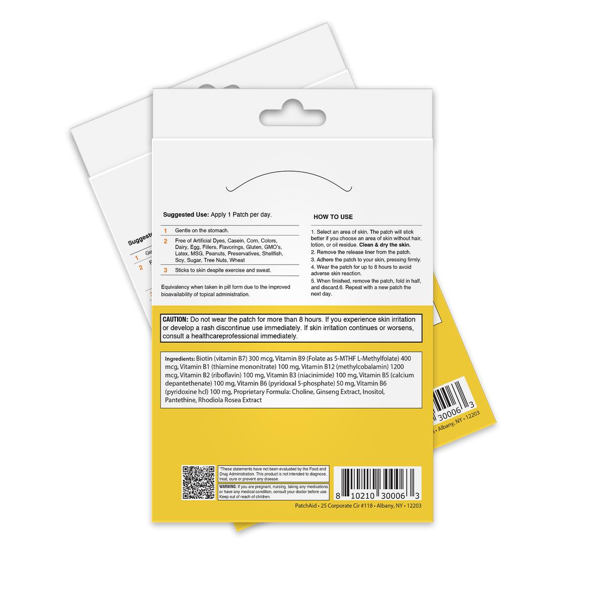 The image shows the back of a vitamin patch packaging with instructions, ingredients, and usage warnings, featuring a yellow background and a barcode at the bottom.