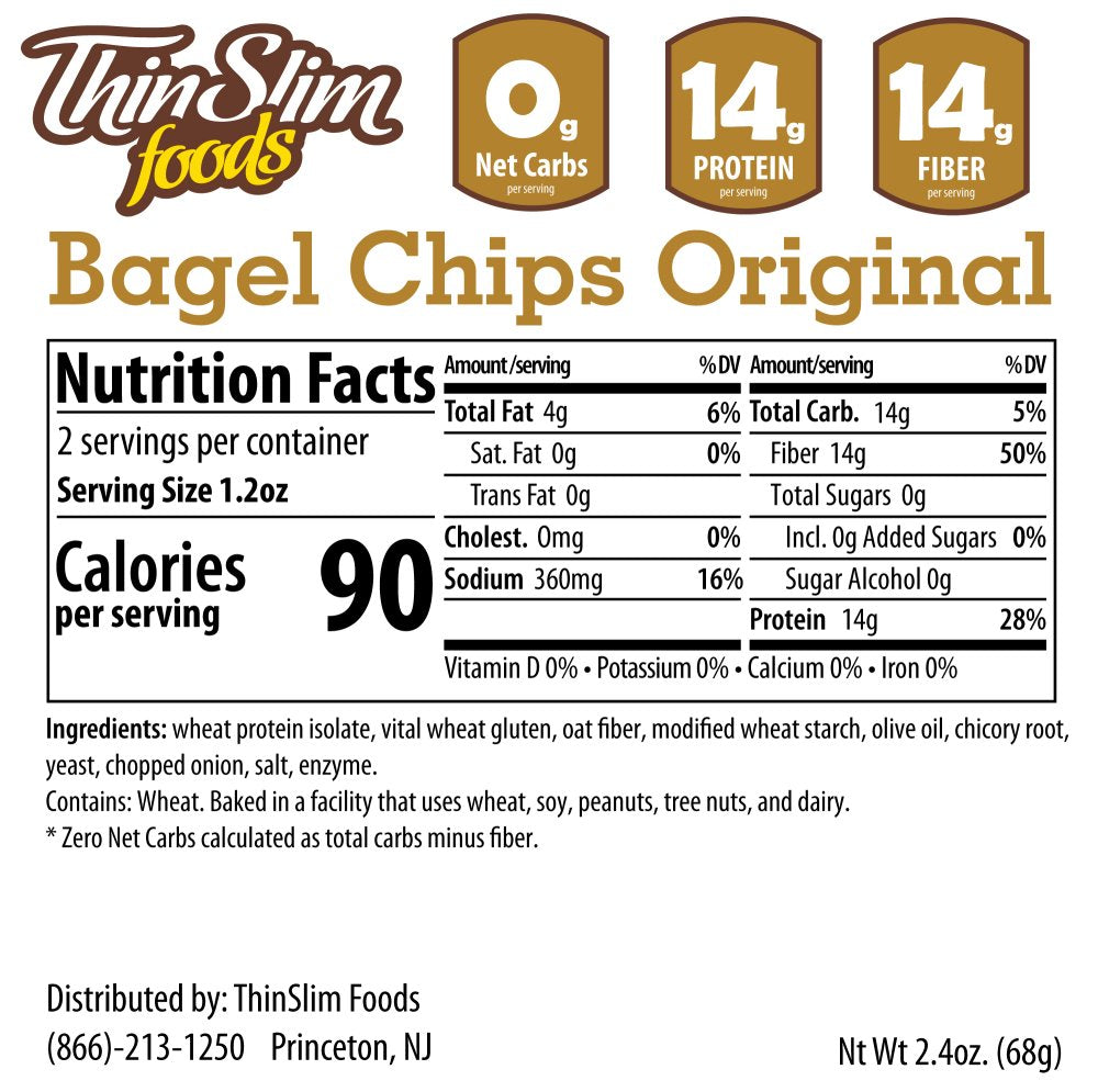 Nutrition label for ThinSlim Foods Original Bagel Chips, detailing serving size, calories, and nutritional content including protein, fiber, and net carbs, with ingredient list and distribution information.