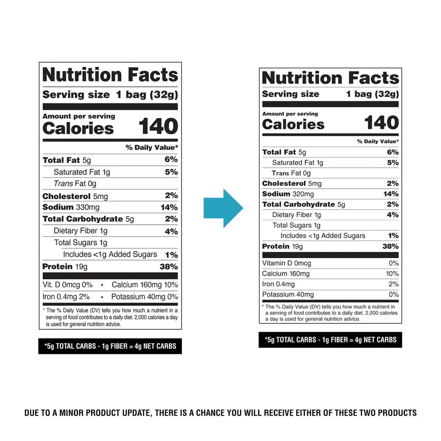 Two nutrition fact labels side by side show slight differences in sodium and sugar content, with a note indicating potential product variation due to an update.