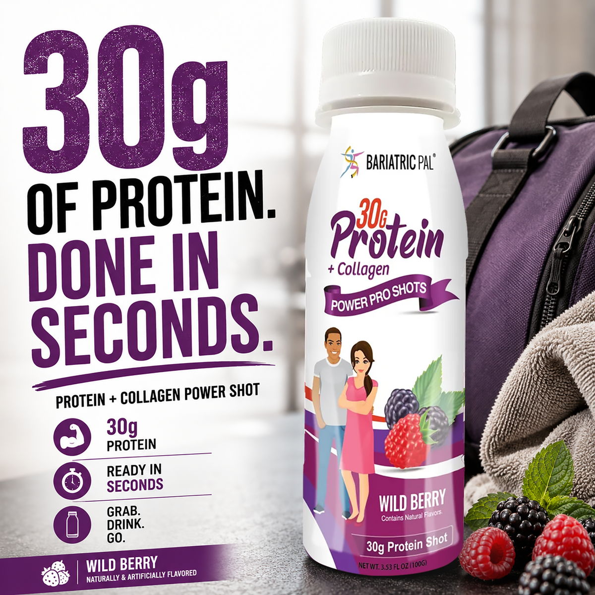 BariatricPal 30g Whey & Collagen Complete Protein Power Pro Shots - Wild Berry