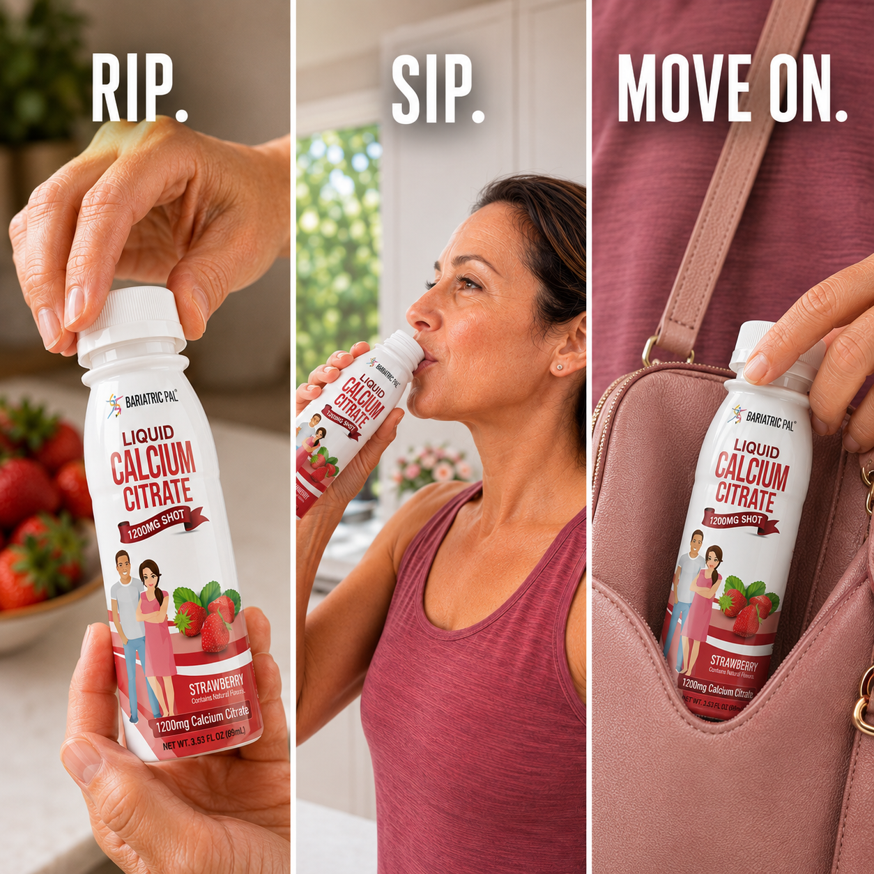 Strawberry Liquid Calcium Citrate Shot with 1,200 mg of calcium citrate in a 3.33-fluid-ounce serving.