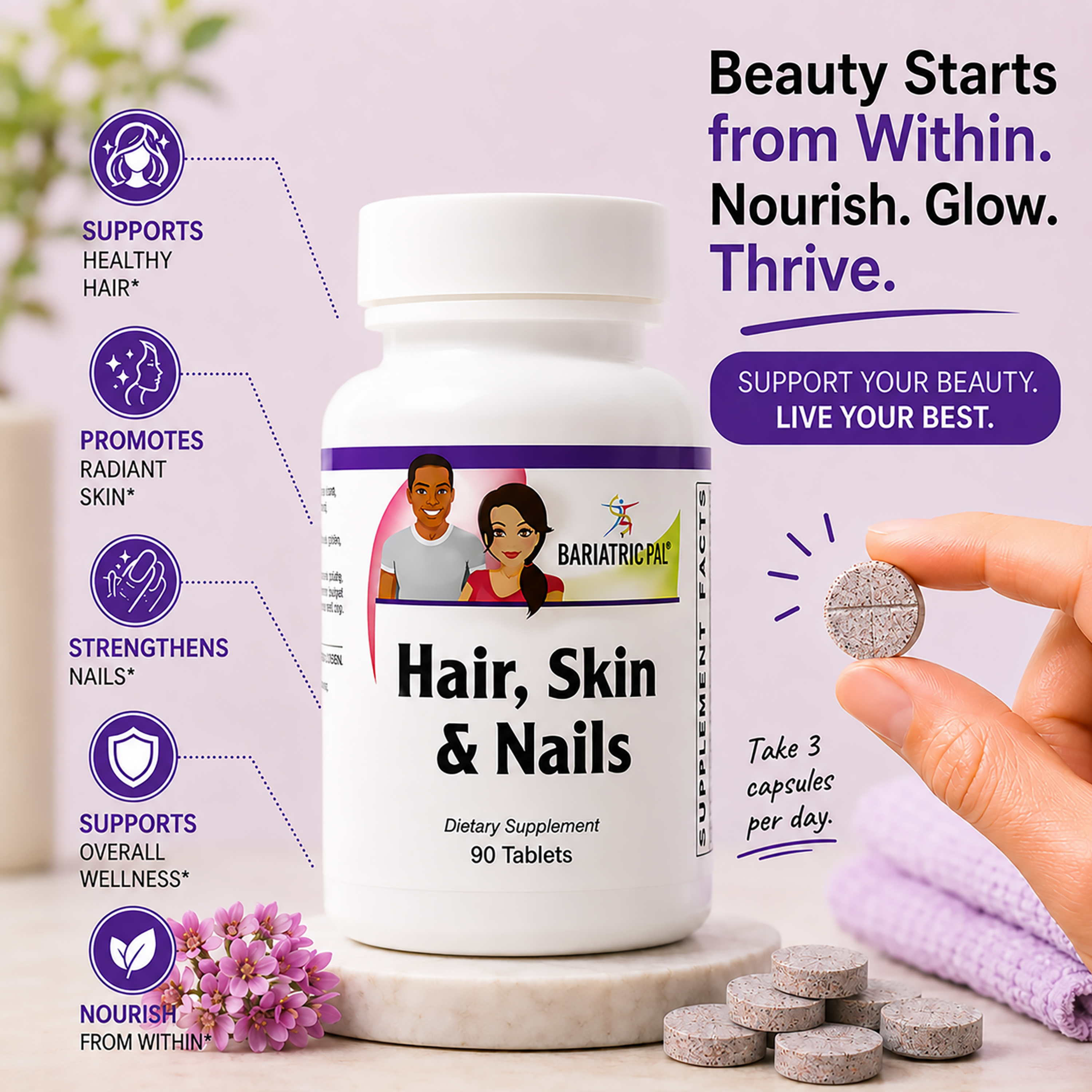 Bottle of BariatricPal Hair, Skin & Nails supplements on a soft purple towel with small purple flowers. Several tablets are scattered beside the bottle, and a hand holds one tablet. Product benefit text appears on both sides of the bottle.