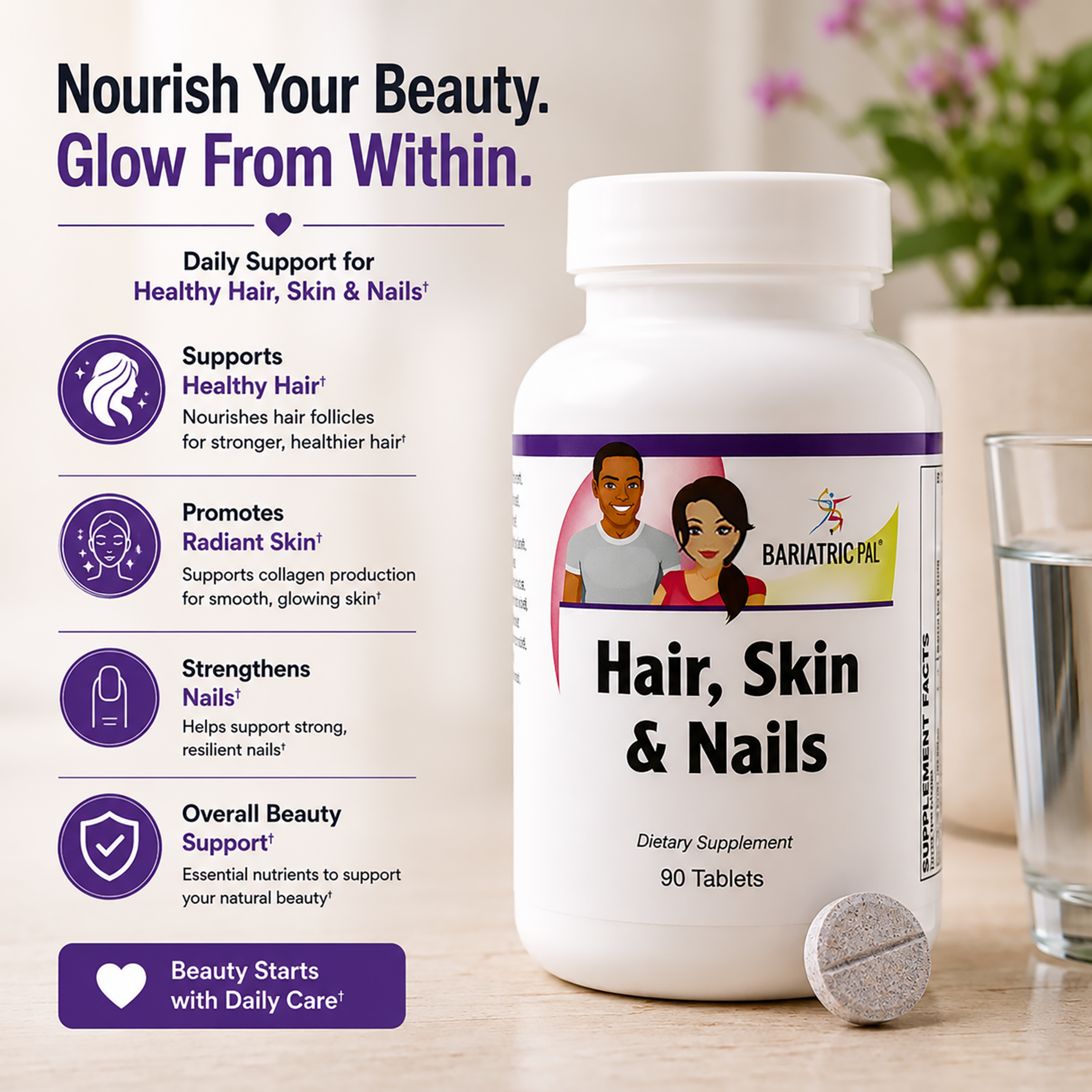 Bottle of BariatricPal Hair, Skin & Nails supplements on a wooden surface beside a glass of water and two tablets.