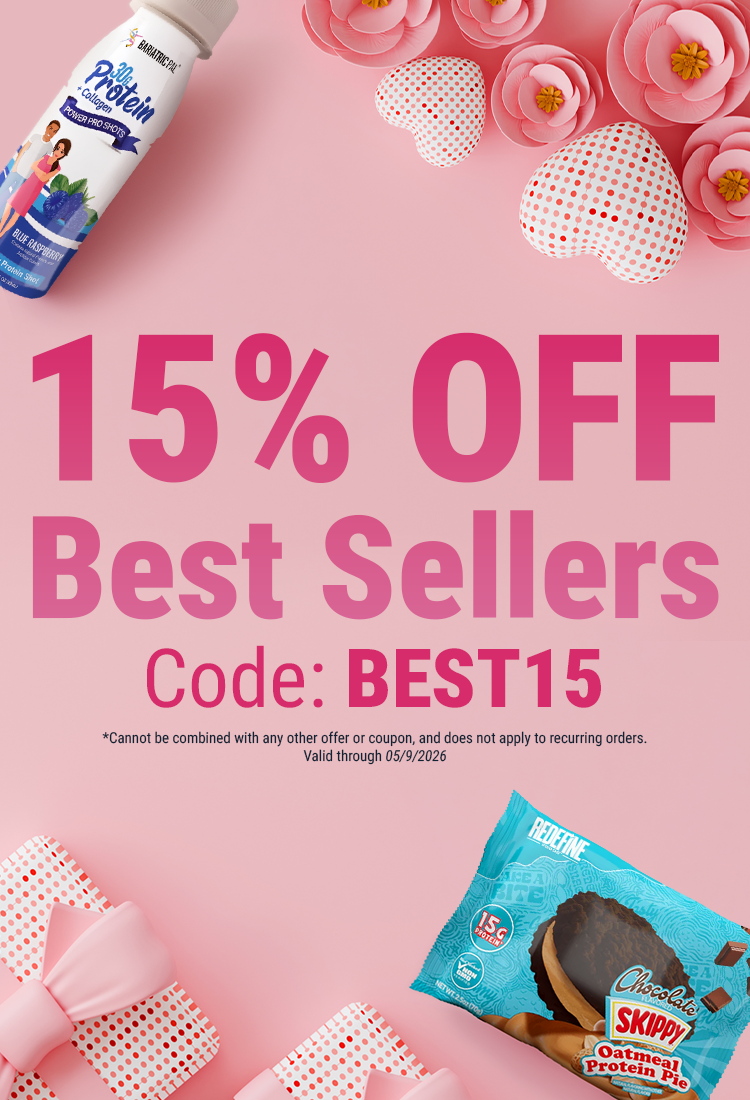 A promotional image features a bottle of protein drink and a protein pie on a pink background adorned with paper flowers and hearts, highlighting a 15% discount with code BEST15, valid through 05/09/2026.