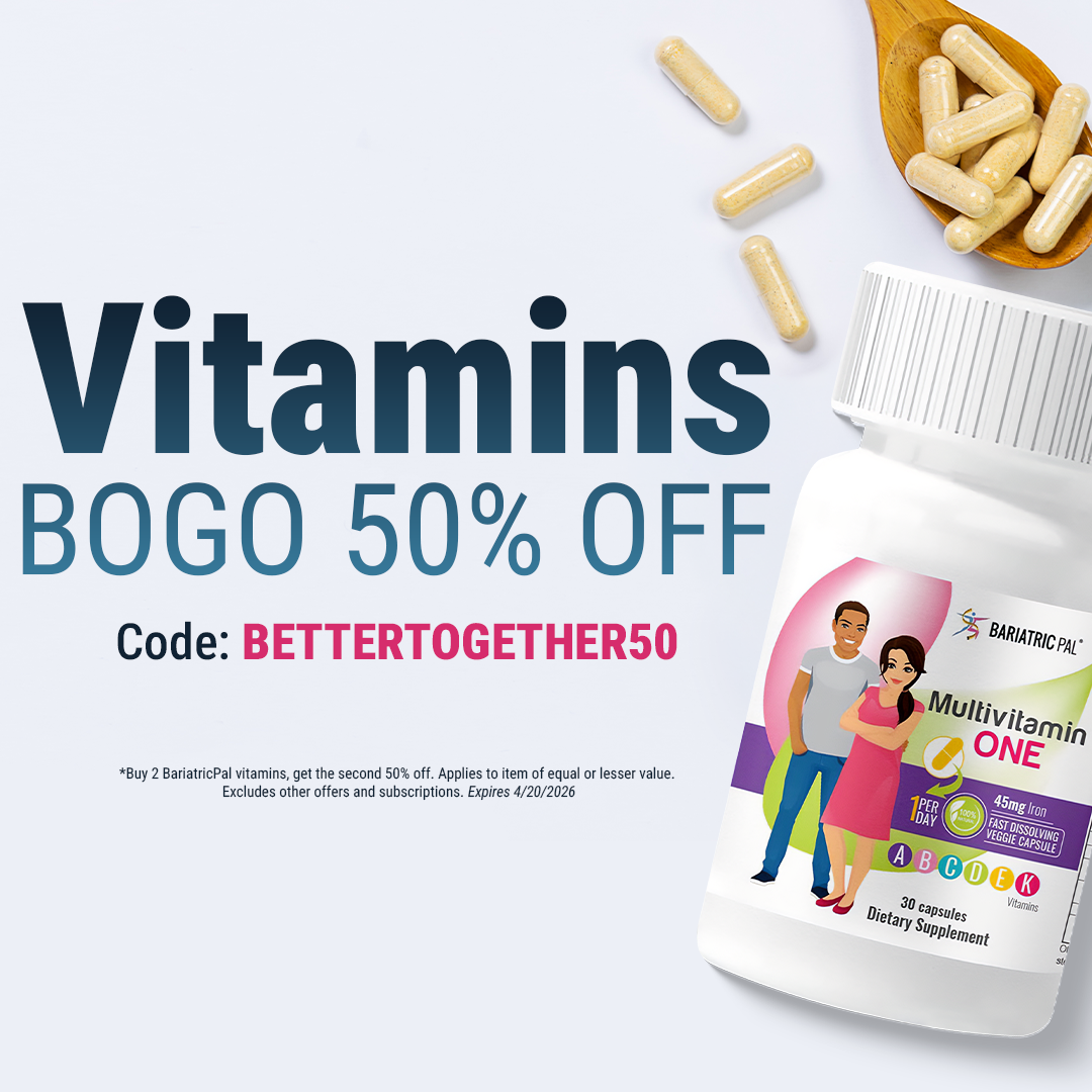A bottle of Bariatric Pal Multivitamin One is displayed alongside capsules, with promotional text highlighting a buy-one-get-one 50% off offer and a discount code against a light background.