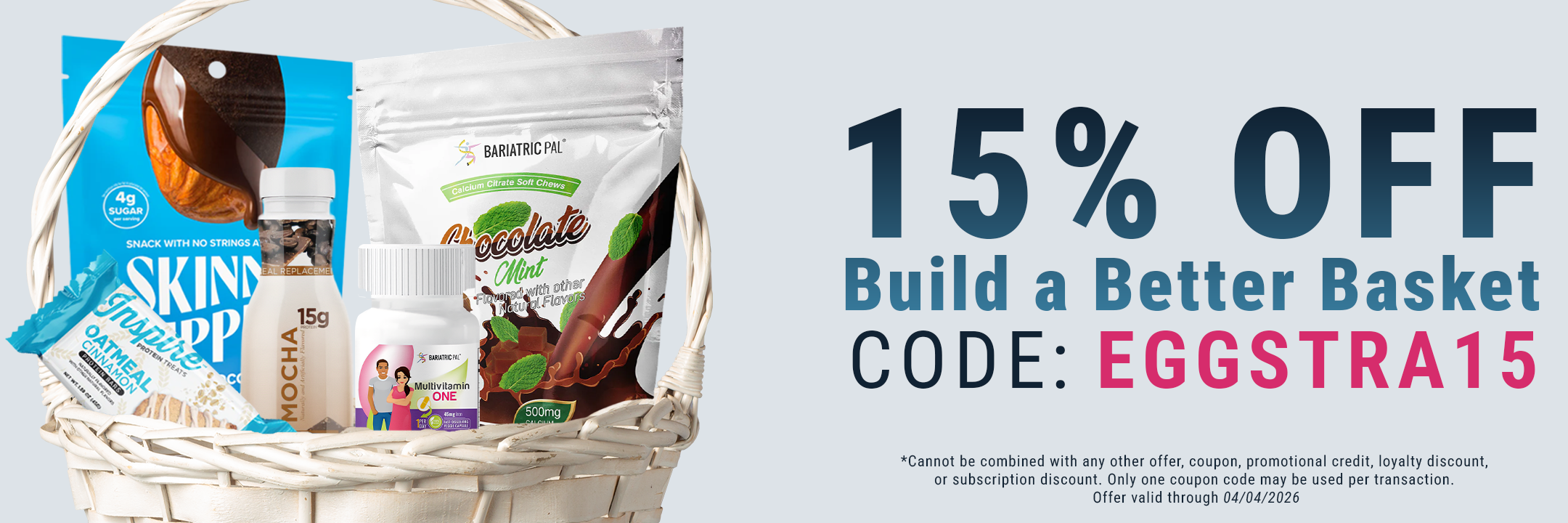 A white basket filled with various health snacks and supplements, including protein bars, a drink, and multivitamins, promotes a 15% discount with the code "EGGSTRA15."