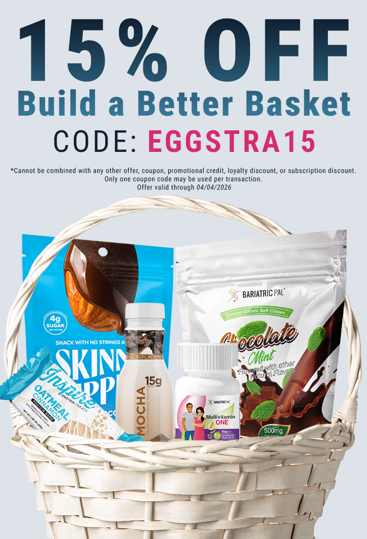 A woven basket filled with various health products, including snacks and supplements, displays a promotional banner for 15% off with the code "EGGSTRA15," valid through April 4, 2026.