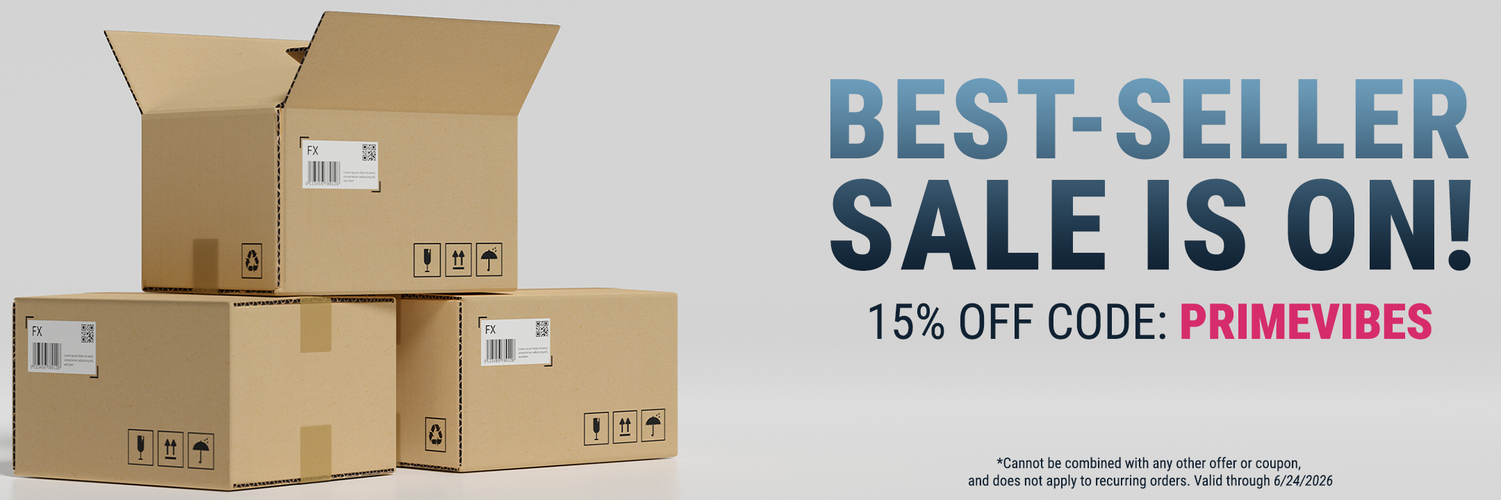 Cardboard boxes with a promotional banner for a best-seller sale and discount code.
