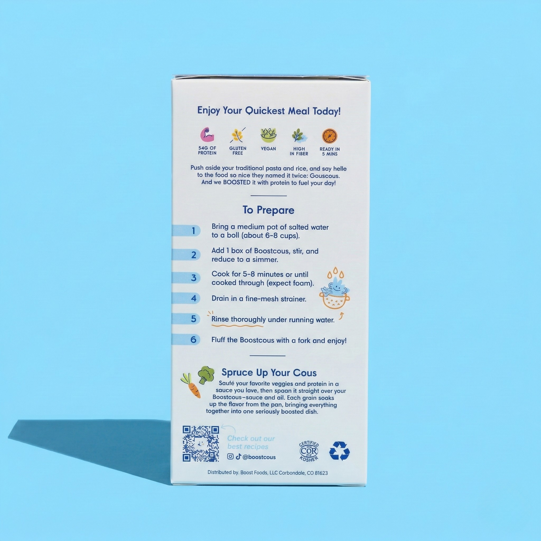 A brightly colored box of Boostcous, featuring preparation instructions and nutritional highlights, is set against a light blue background, emphasizing its quick and easy meal appeal.