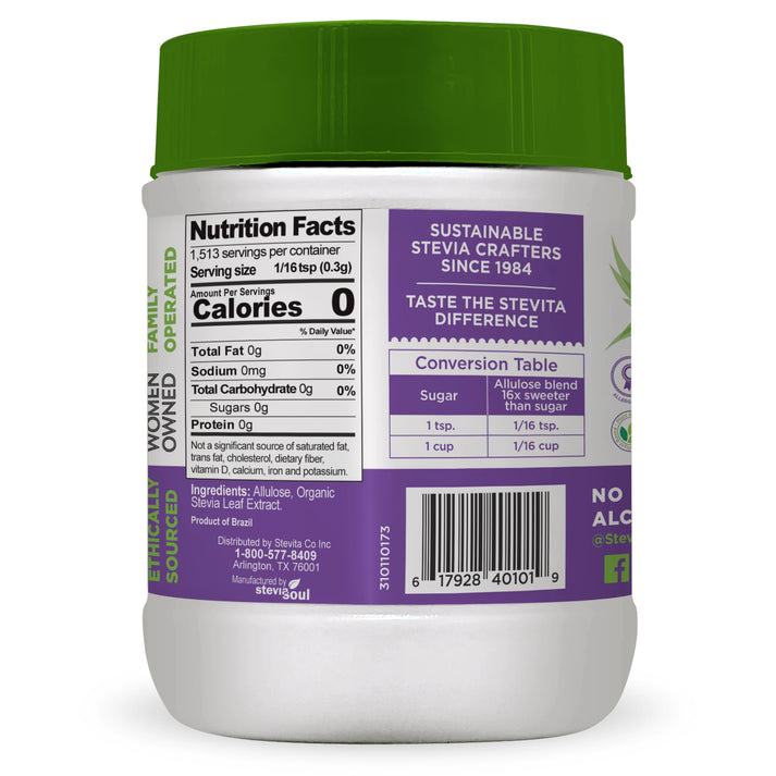 A green-lidded container of stevia sweetener displays nutrition facts, serving size, and a conversion table, emphasizing its zero-calorie content and sustainable sourcing.