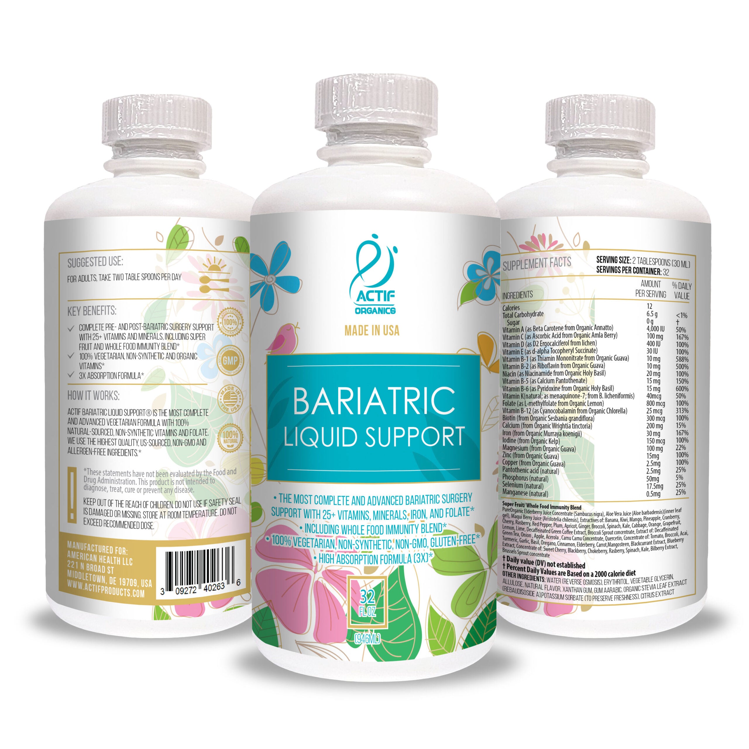 Actif Organic Bariatric Liquid Support With 25+ Organic Vitamins And Minerals For Bariatric Surgery, Advanced Formula – Non GMO, 32 Oz - High-quality Multivitamins by ACTIF at BariatricPal Store