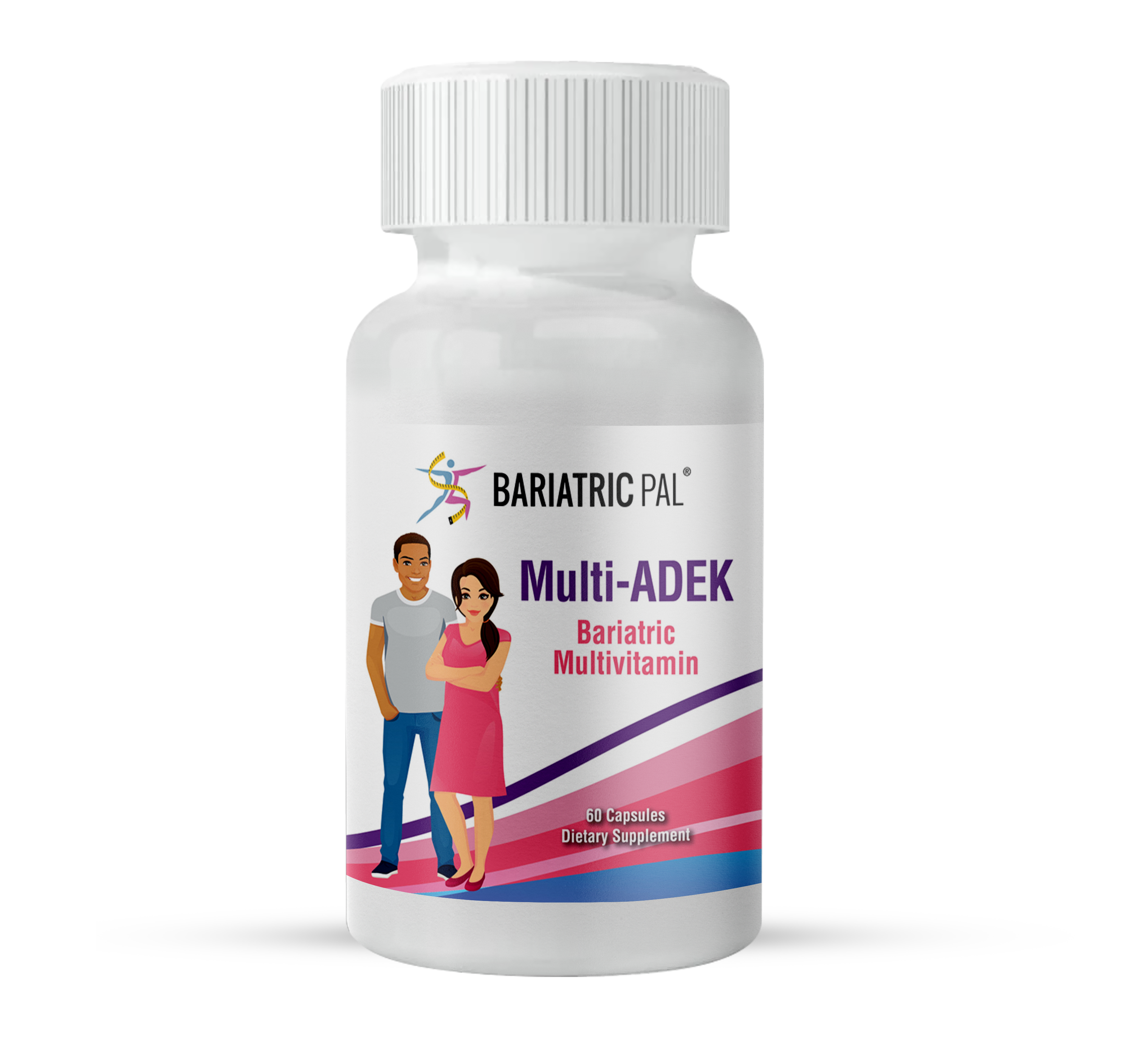 A white bottle labeled "Multi-ADEK Bariatric Multivitamin" features illustrations of a man and woman standing together, promoting a dietary supplement with 60 capsules for bariatric health.
