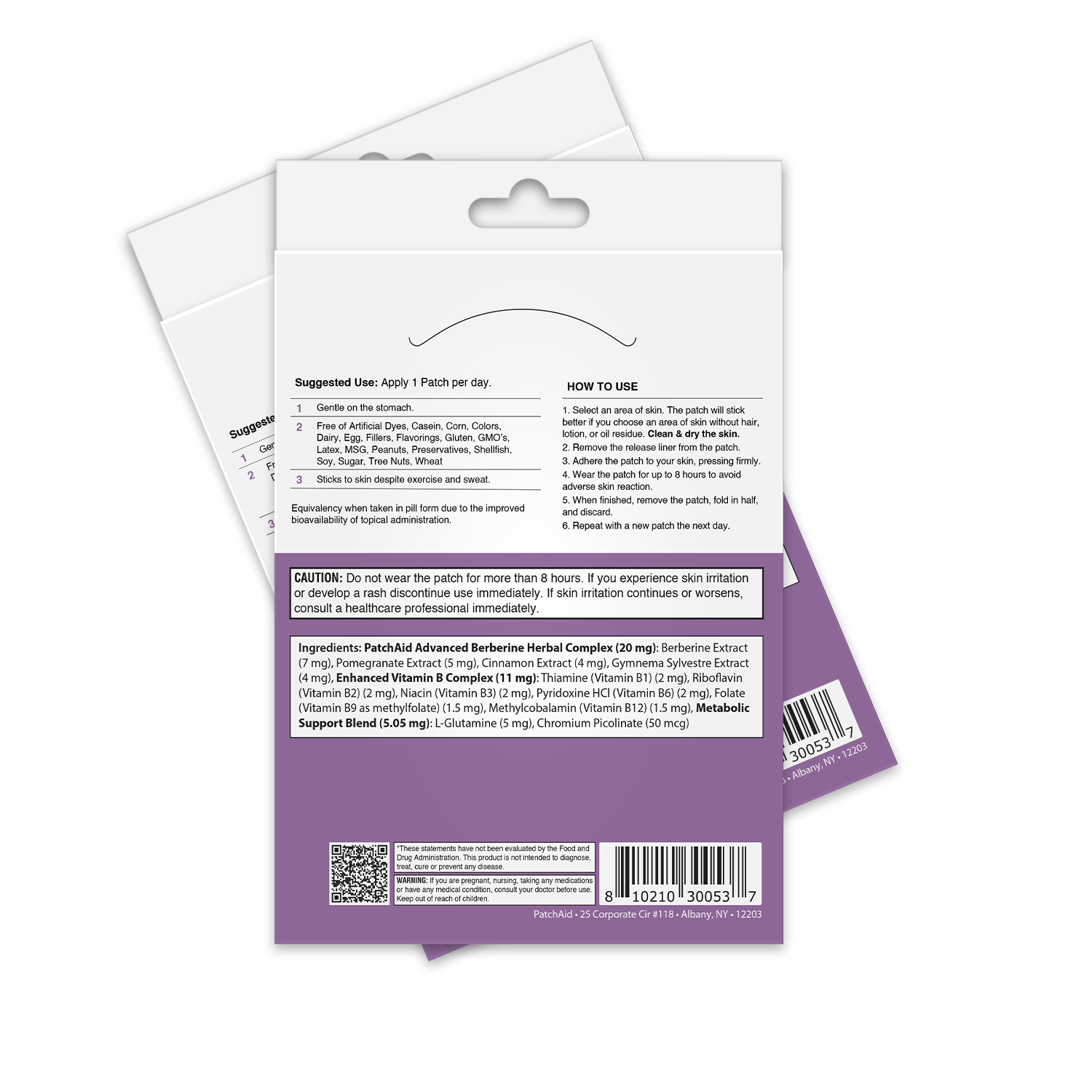 The image shows the back of a product packaging for a herbal patch, detailing usage instructions, ingredients, and cautionary notes, with a clean, professional design featuring a purple accent.
