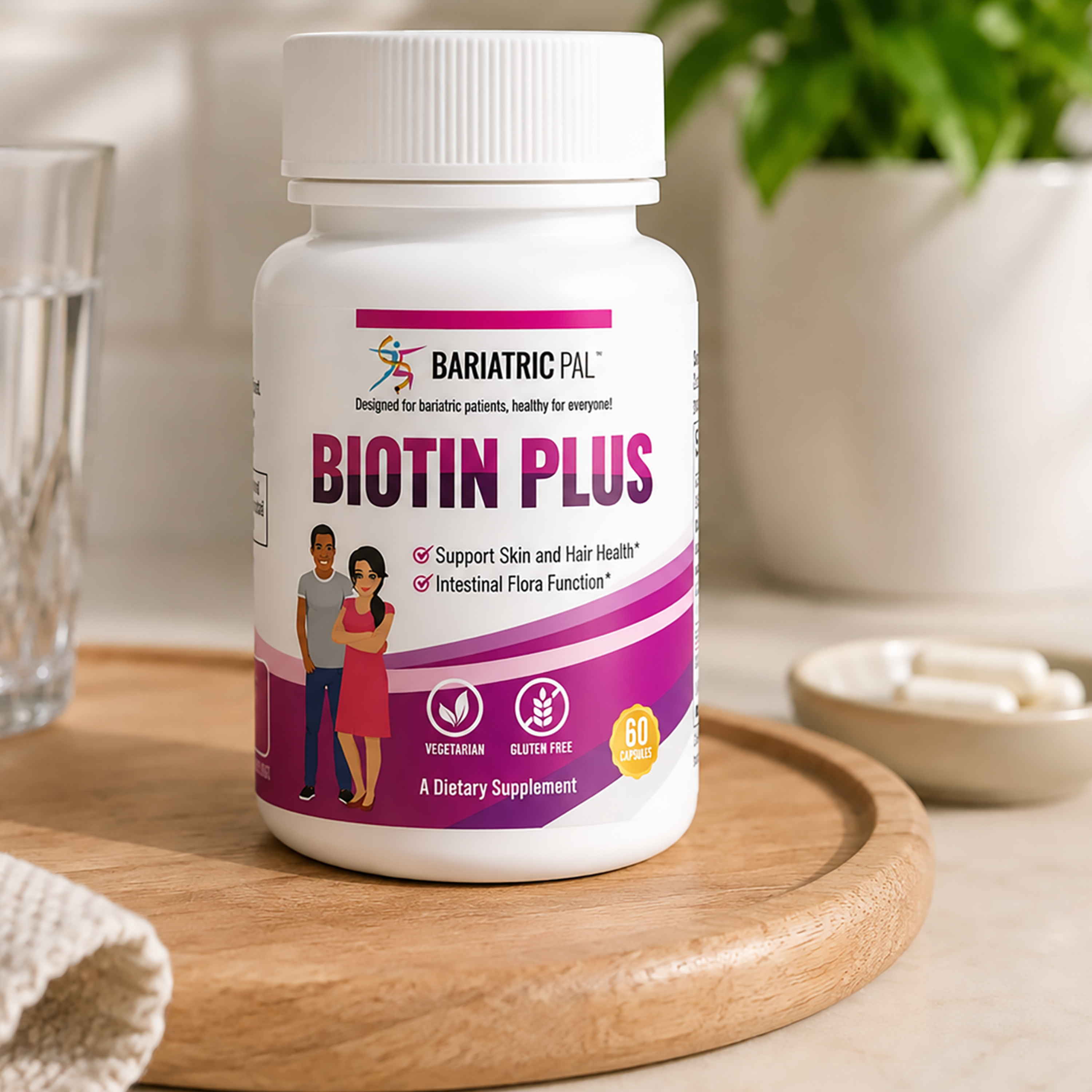 Bottle of BariatricPal's Biotin Plus. Supports healthy skin and hair along with balanced intestinal flora. Vegetarian and gluten-free with no artificial colors or flavors; 60 capsules.