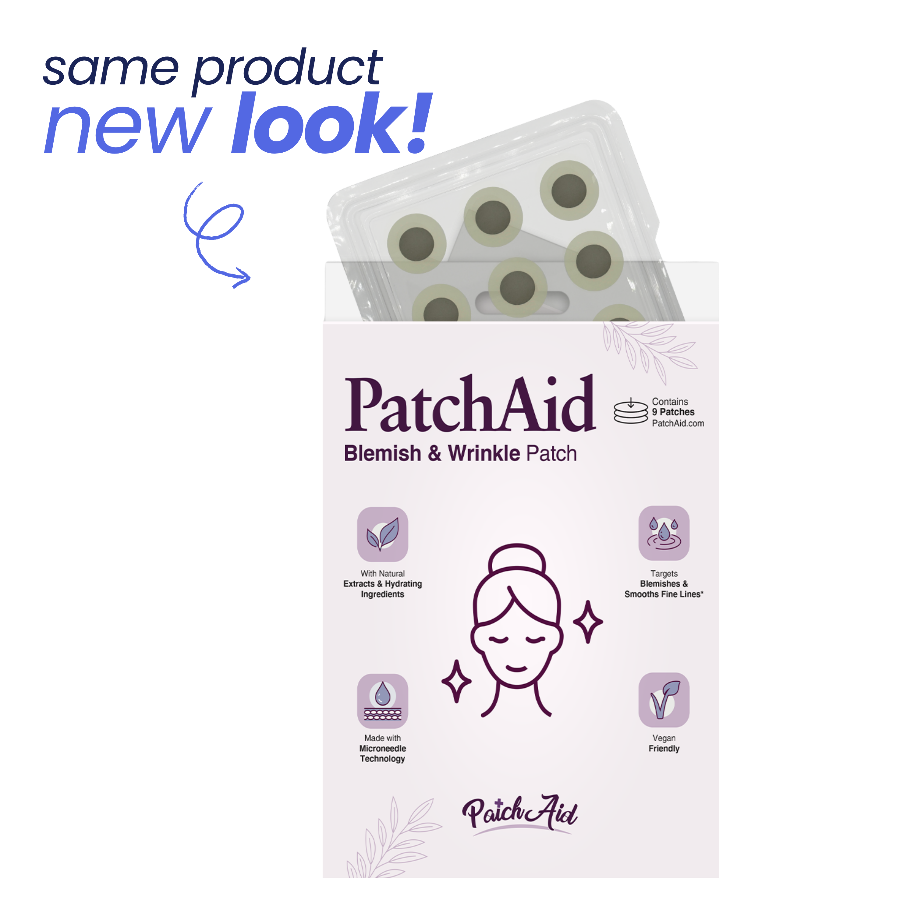 A white box labeled "PatchAid Blemish & Wrinkle Patch" displays a clear plastic tray with patches inside, featuring icons and text highlighting natural ingredients and benefits, with the phrase "same product new look!" above.