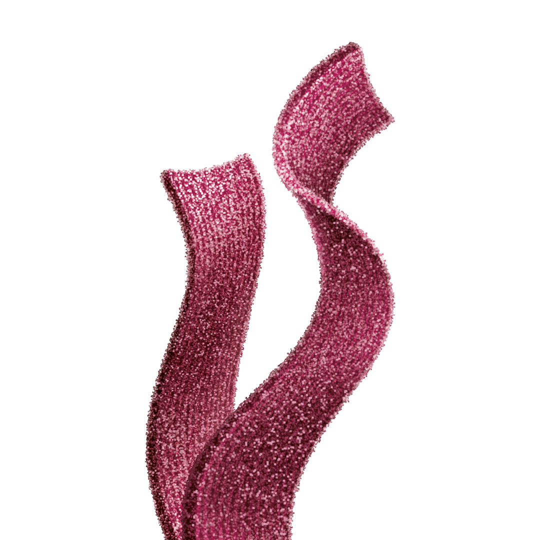Two shimmering, wavy ribbons in a rich pink color twist together, showcasing a sparkling texture that suggests a vibrant and luxurious cosmetic product.