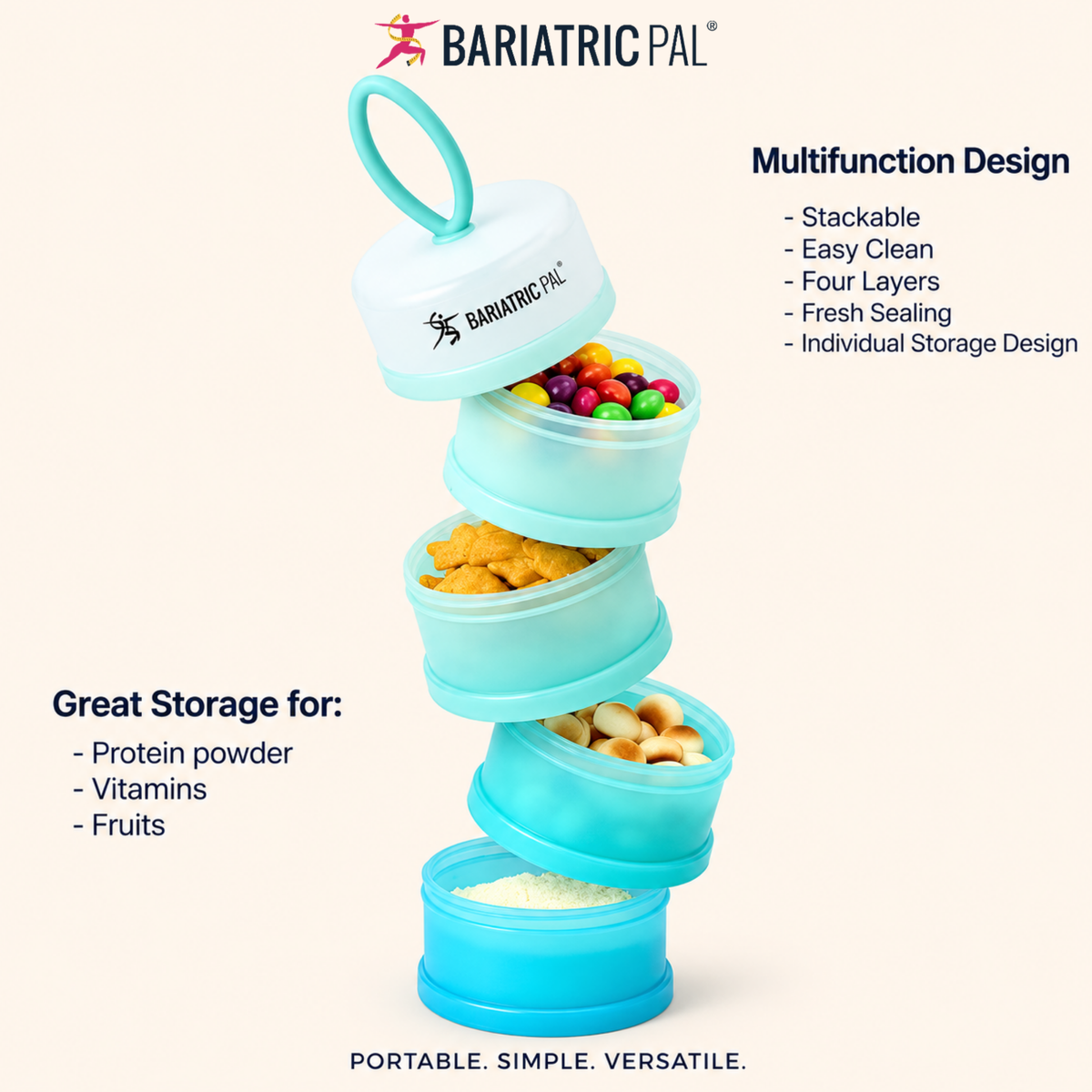 4 Compartment Detachable, Stackable, and Portion Controlled Food & Powder Storage Containers by BariatricPal - Blue Set