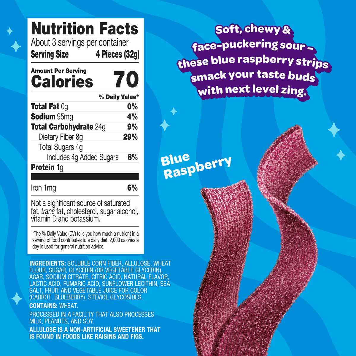 A colorful nutrition label for blue raspberry candy highlights its soft, chewy texture and sour flavor, featuring details on calories, ingredients, and health information against a vibrant blue background.
