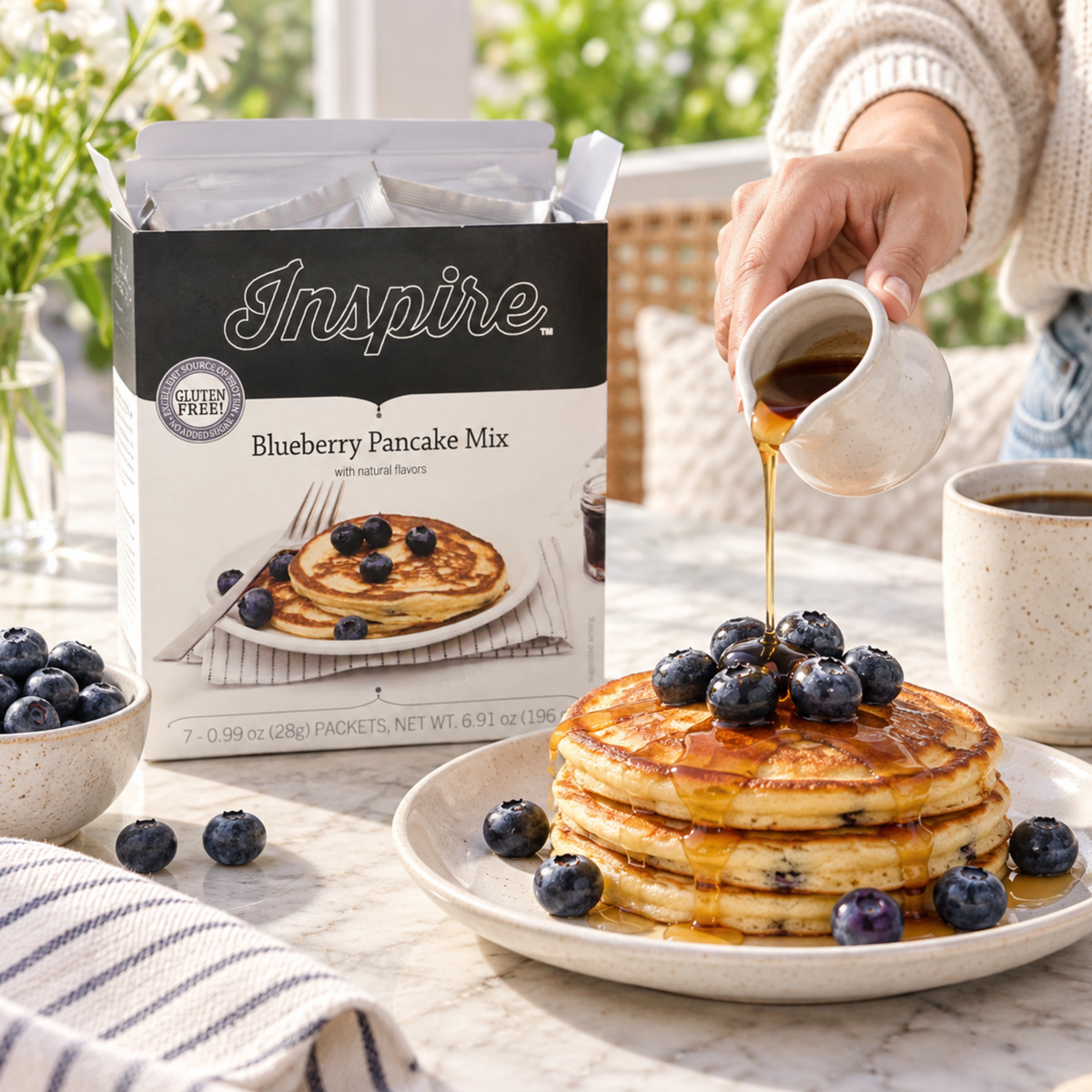 Inspire Blueberry Protein Pancake Mix. Each packet provides 15 grams of protein, 100 calories, 7 grams of carbohydrates and 1 gram of sugar.