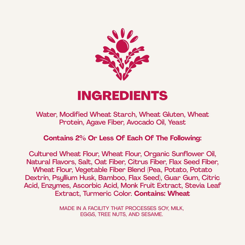 A list of ingredients for a food product, prominently featuring "INGREDIENTS" at the top, includes various components like water, wheat flour, and sunflower oil, with a note about allergens.