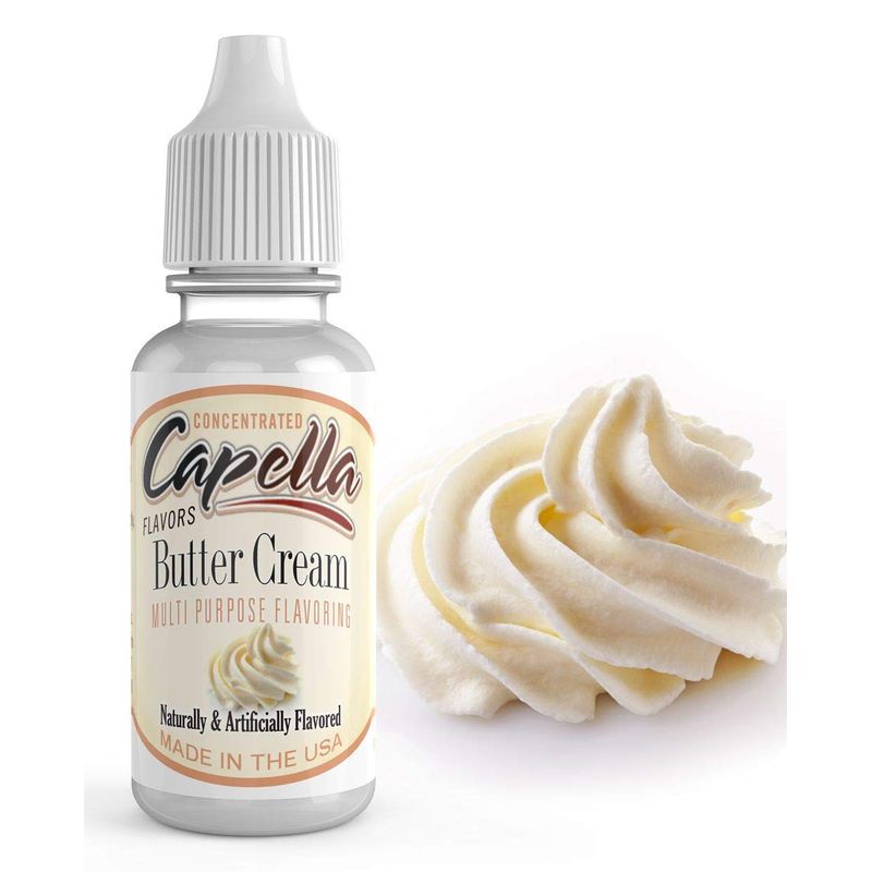 A bottle of Capella concentrated butter cream flavoring stands next to a swirl of creamy buttercream, highlighting its use for various culinary creations.
