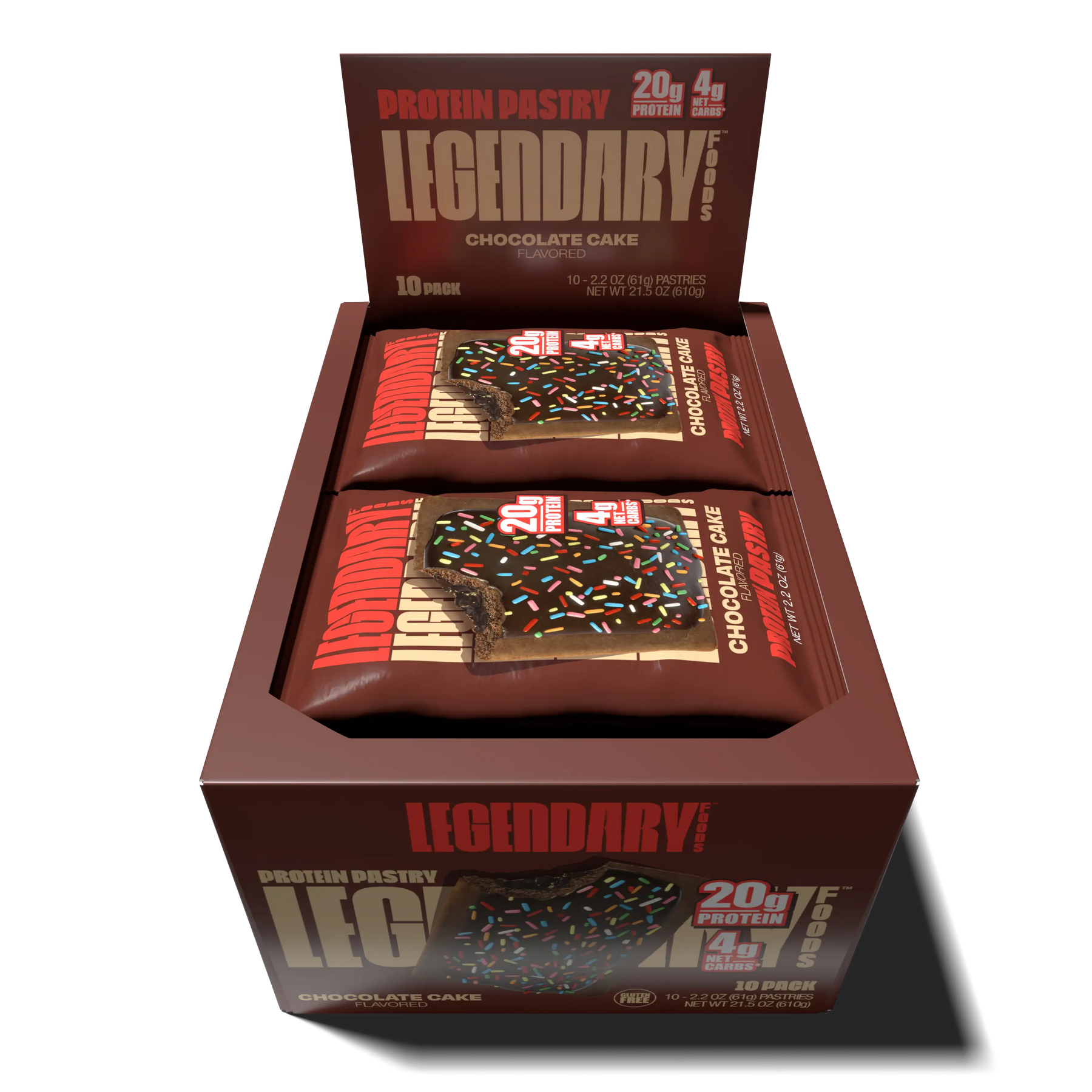 A box of Legendary Protein Pastry chocolate cake-flavored bars displays two individually wrapped bars with colorful sprinkles, highlighting 20 grams of protein and 4 grams of carbs per serving.