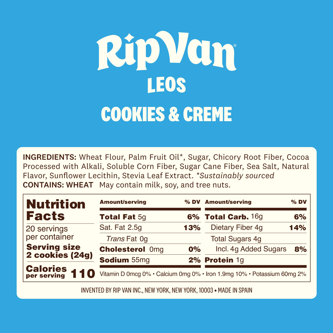 A blue background features the product title "RipVan Leos Cookies & Creme," with a list of ingredients and nutrition facts highlighting serving size, calories, and potential allergens.