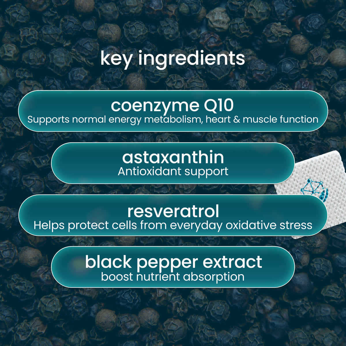 PatchAid CoQ10 Plus Patches with CoQ10, astaxanthin, resveratrol and other antioxidants.