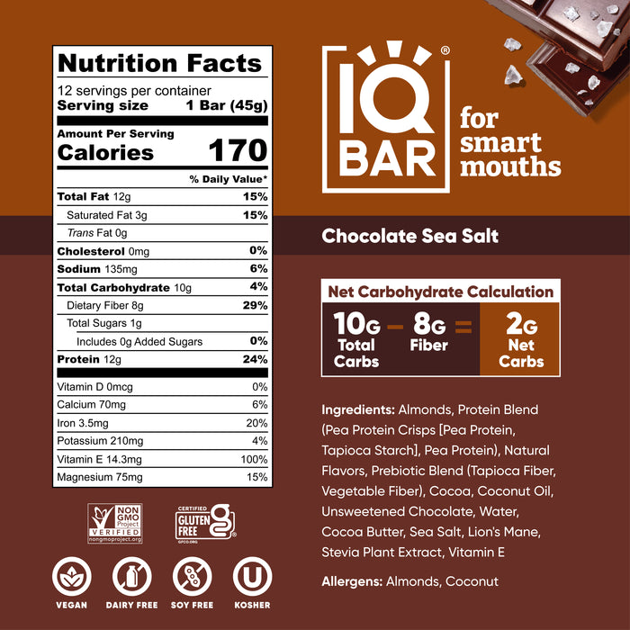 IQBar Vegan and Keto Protein Bars - Chocolate Sea Salt - High-quality Protein Bars by IQBar at BariatricPal Store