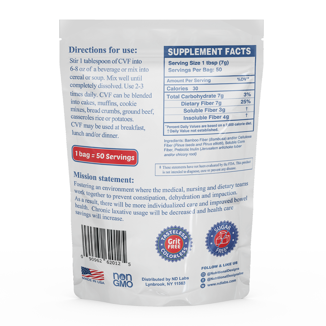 A white bag labeled "CVF" displays usage directions, nutritional information, and a mission statement about promoting digestive health, emphasizing its tasteless, grit-free, and sugar-free qualities.