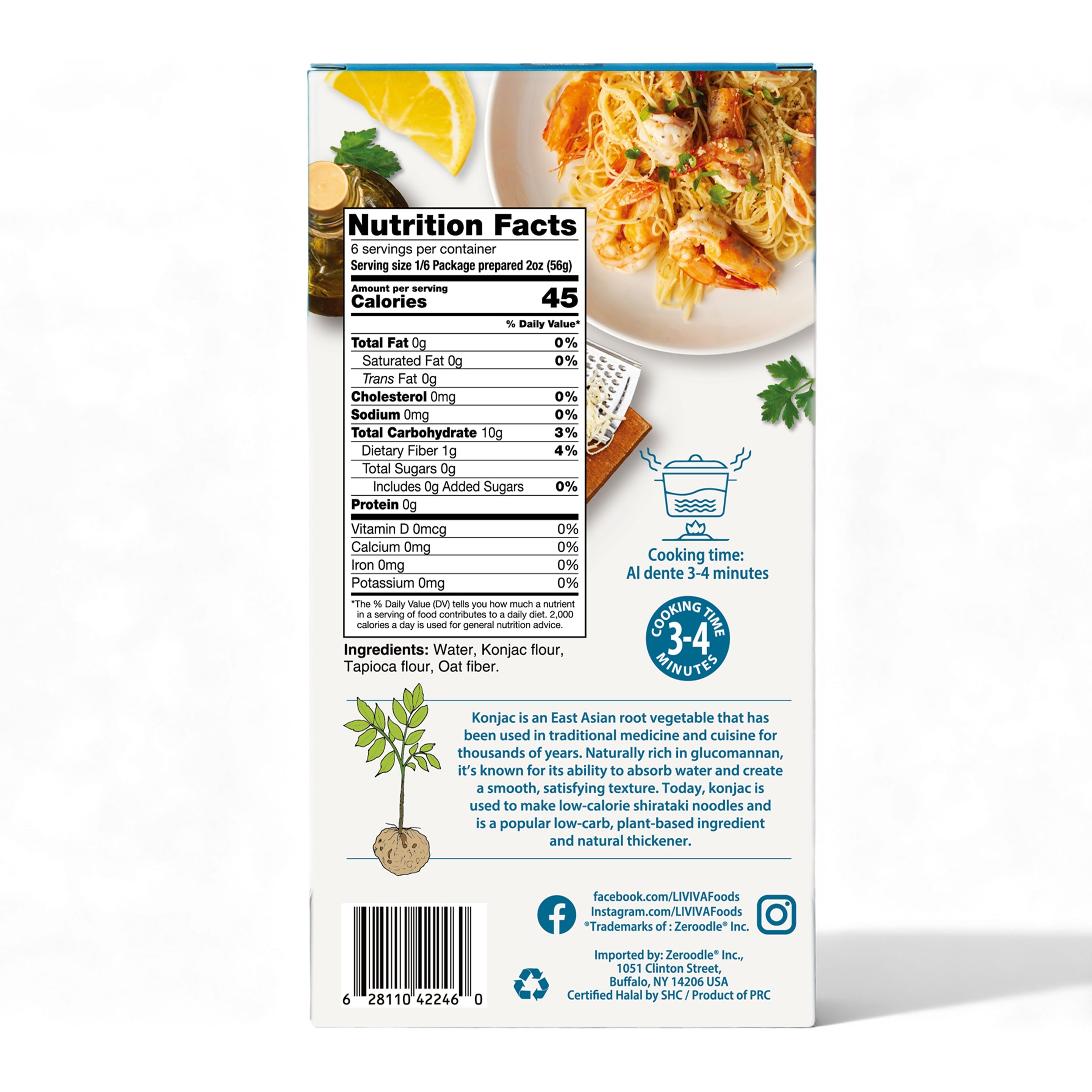 A nutrition facts label on the back of a food package features details about a low-calorie konjac product, including serving size, calories, ingredients, and cooking instructions.