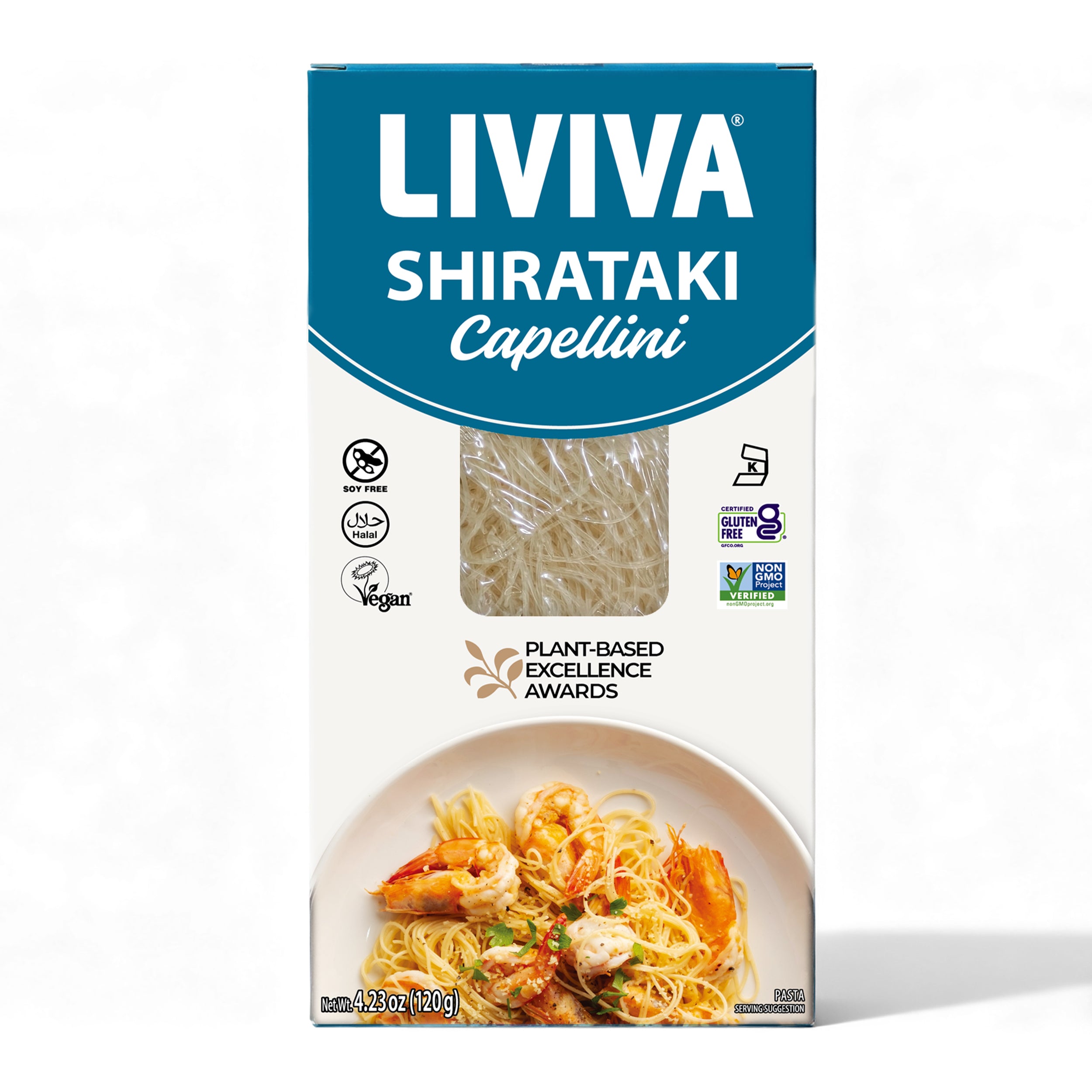 A box of Liviva Shirataki Capellini pasta features a clear window showing the noodles inside, with a plate of shrimp pasta displayed below and various dietary labels like vegan and gluten-free on the packaging.