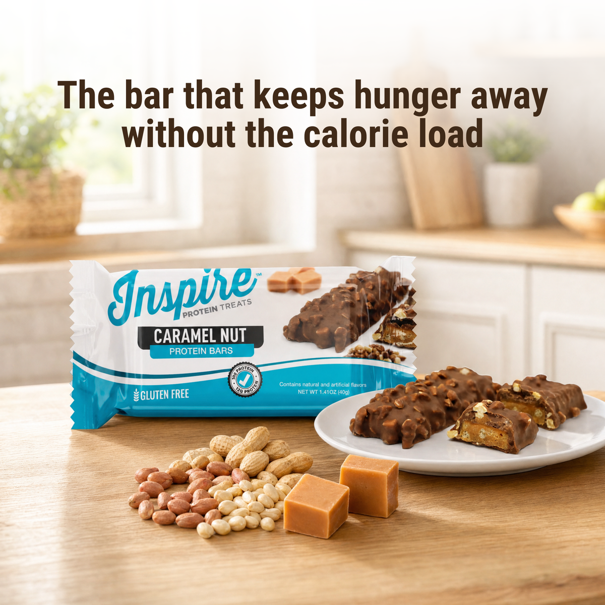 Inspire Caramel Nut Protein Bar with 12 grams of protein.
