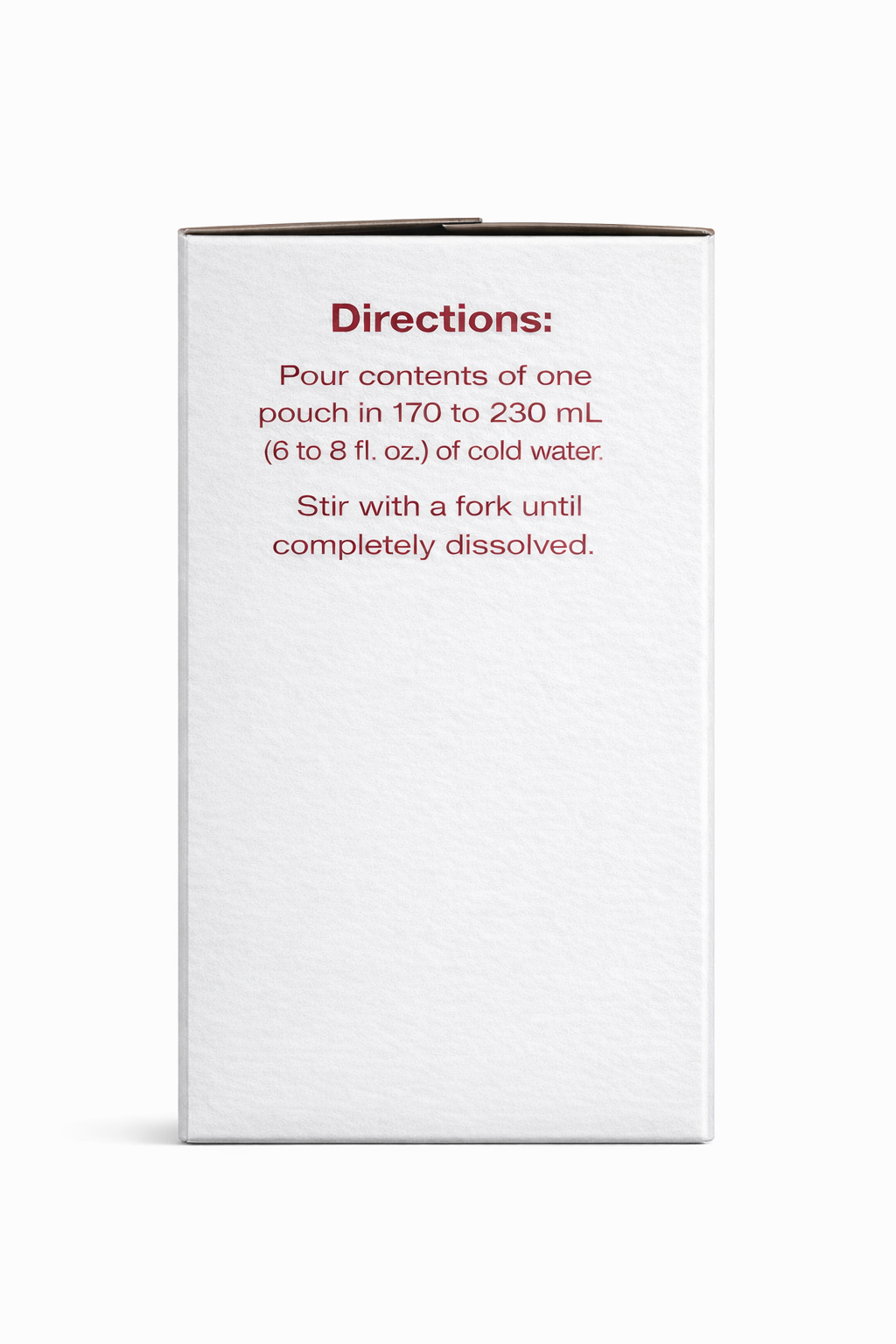 A white box displays instructions for mixing a pouch's contents with cold water, detailing the required amount and stirring method until fully dissolved.