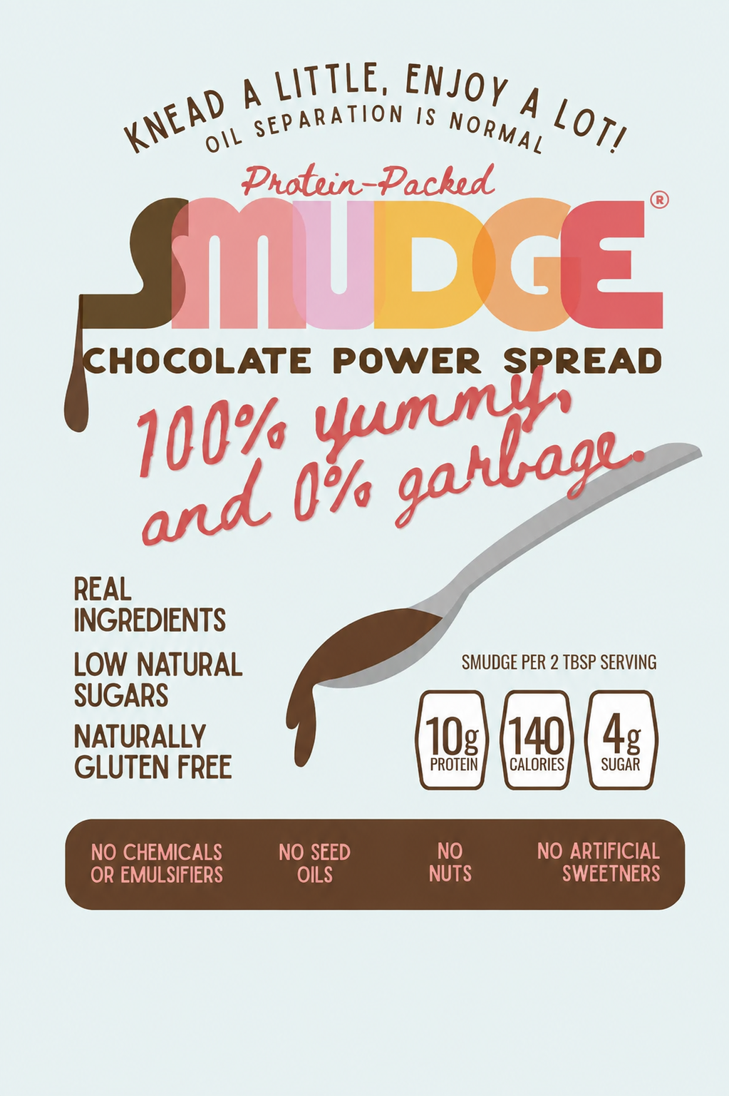 A colorful label for "Smudge" chocolate power spread highlights its protein content, natural ingredients, and gluten-free status, with a spoon dripping chocolate and playful text emphasizing its taste and quality.