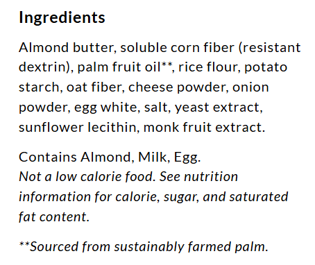 A list of ingredients for a food product, including almond butter, corn fiber, and various powders, with notes on allergens and nutritional information.