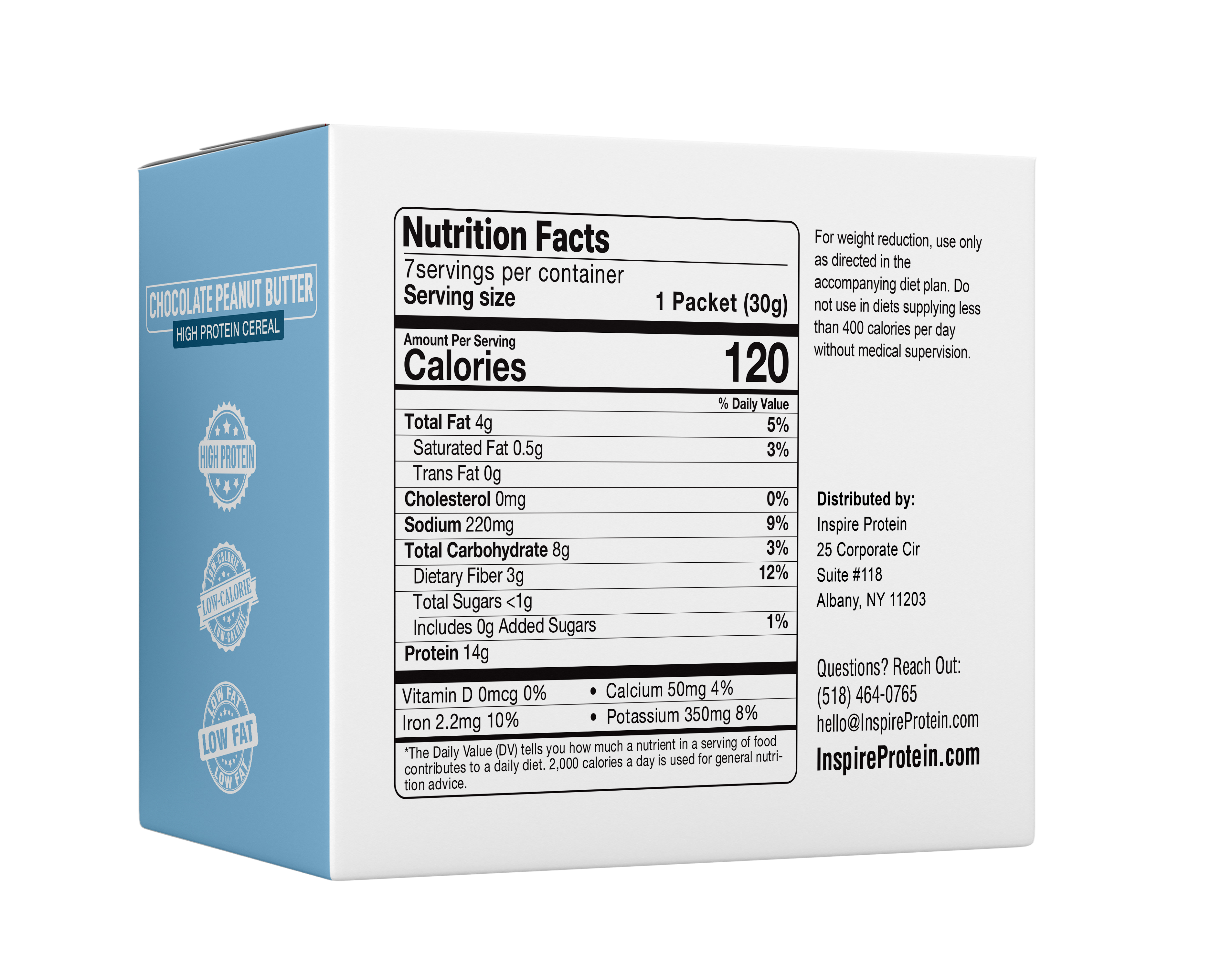 A box of chocolate peanut butter high protein cereal displays nutrition facts, including calories, serving size, and key nutrients, set against a light blue background.