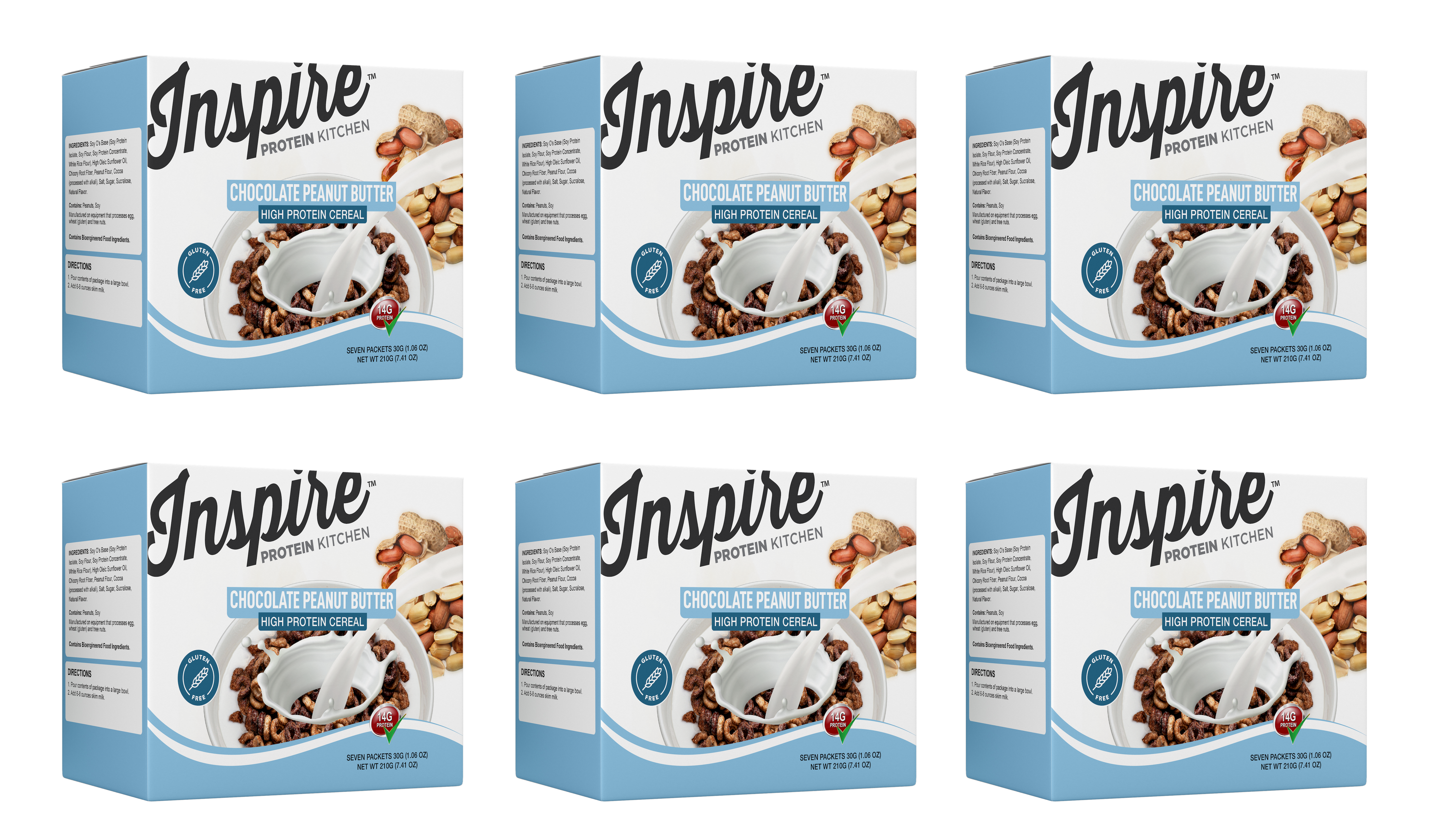 Six boxes of Inspire Protein Kitchen Chocolate Peanut Butter high protein cereal are displayed, featuring a bowl of cereal with milk and peanuts, emphasizing its gluten-free and high-protein qualities.