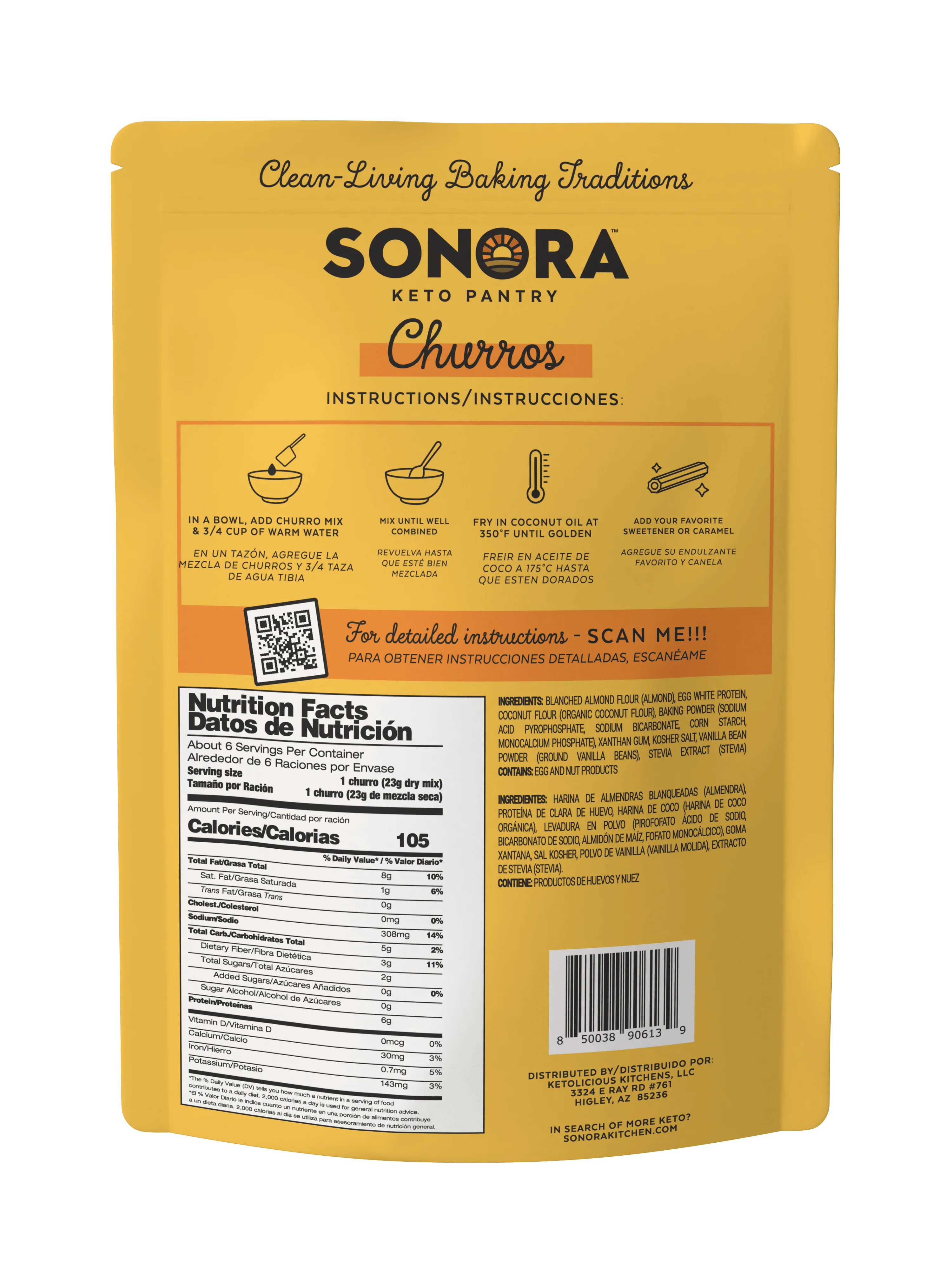 A yellow packaging for Sonora Keto Pantry churros mix displays preparation instructions and nutrition facts, emphasizing a low-carb option for baking traditional churros.