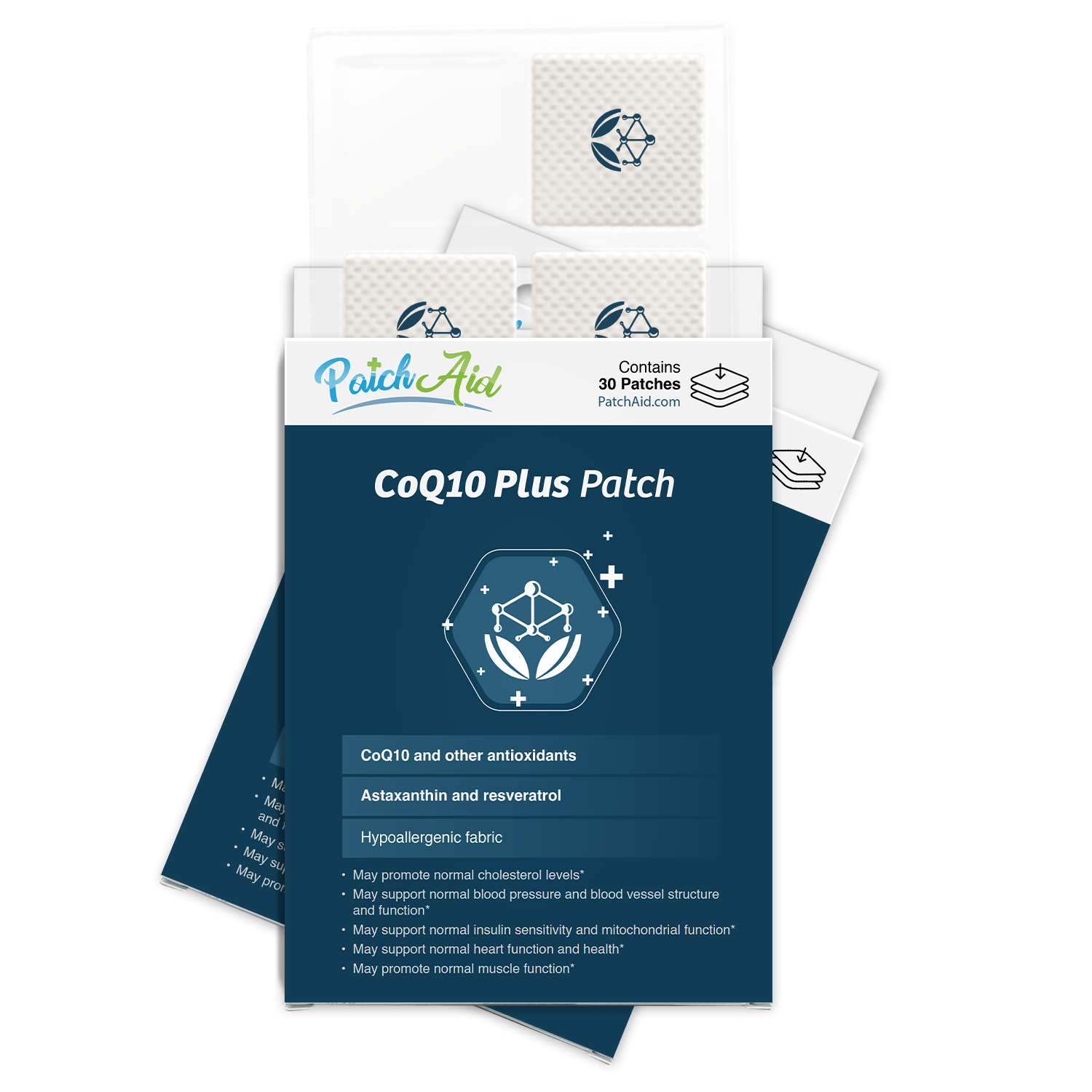 A package of CoQ10 Plus patches is displayed, featuring a blue design with health benefits listed, and includes 30 hypoallergenic patches for promoting various bodily functions.