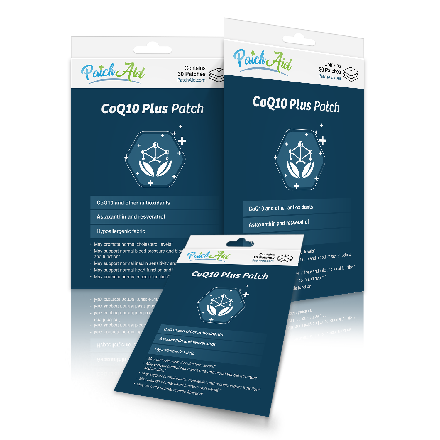 Three packages of CoQ10 Plus Patch by PatchAid are displayed, featuring a dark blue background, a graphic of a leaf and molecular structure, and text highlighting benefits like antioxidants and hypoallergenic fabric.