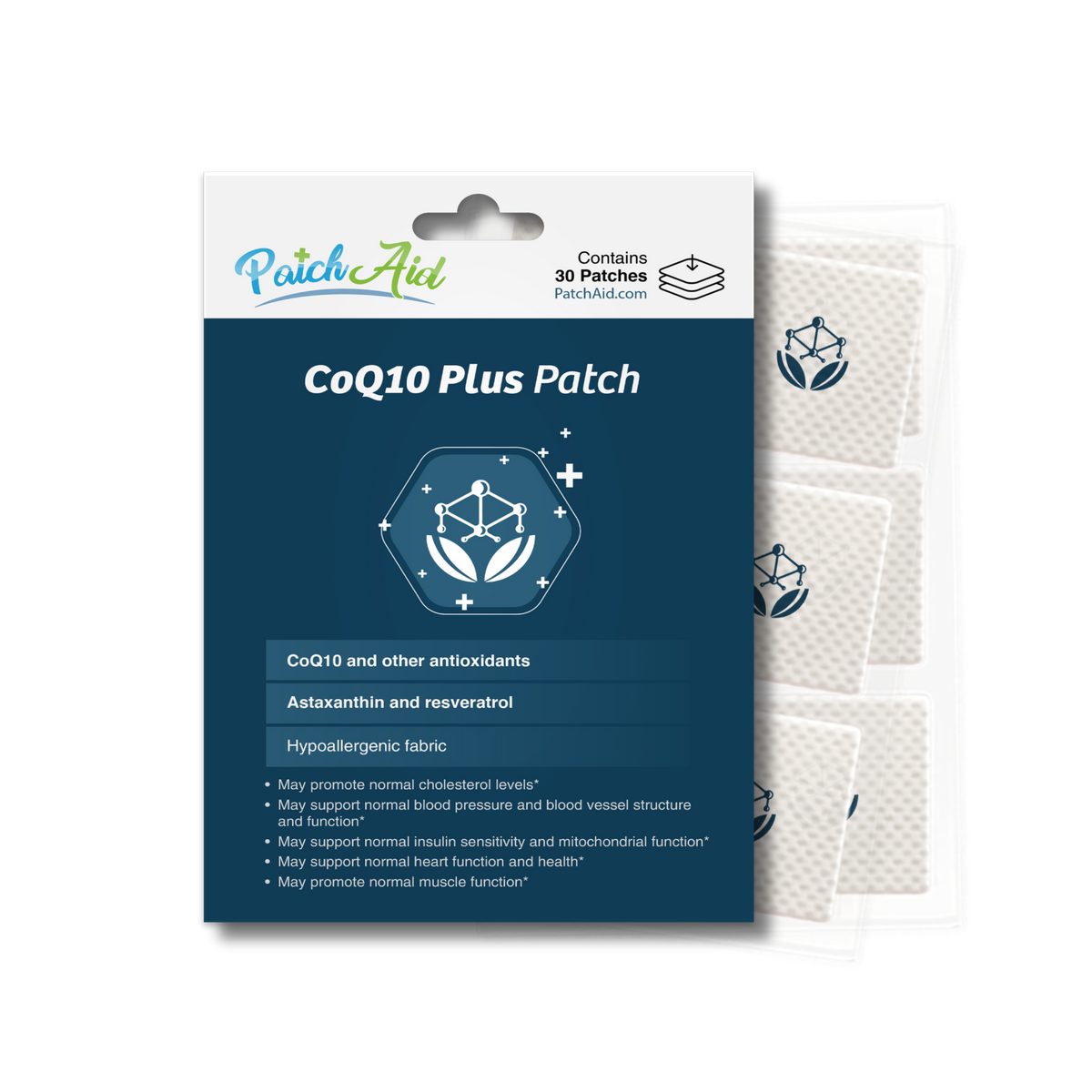 A packaging of CoQ10 Plus Patches from PatchAid, featuring a blue background, product details, and icons representing health benefits, with 30 patches visible inside the transparent section.