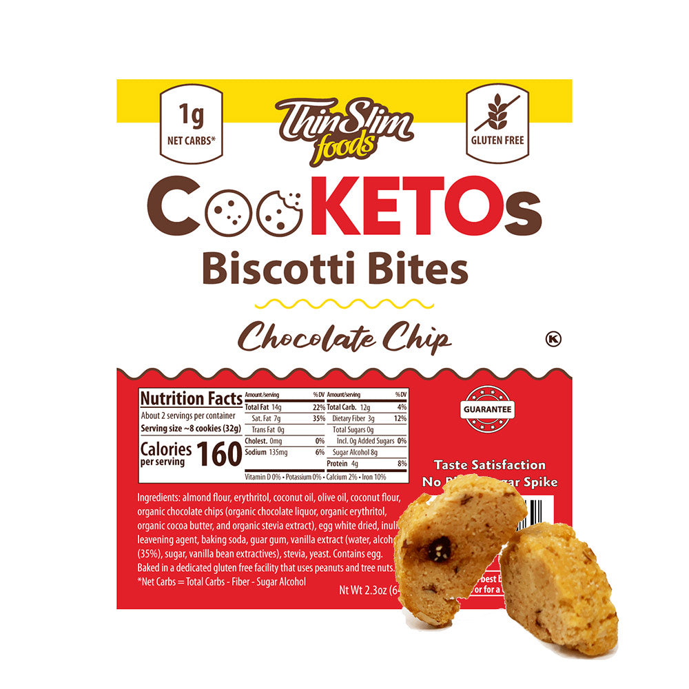 A package of Thin Slim Foods Cooketos Biscotti Bites in Chocolate Chip flavor displays nutritional information and two biscotti pieces, emphasizing low carbs and gluten-free ingredients.